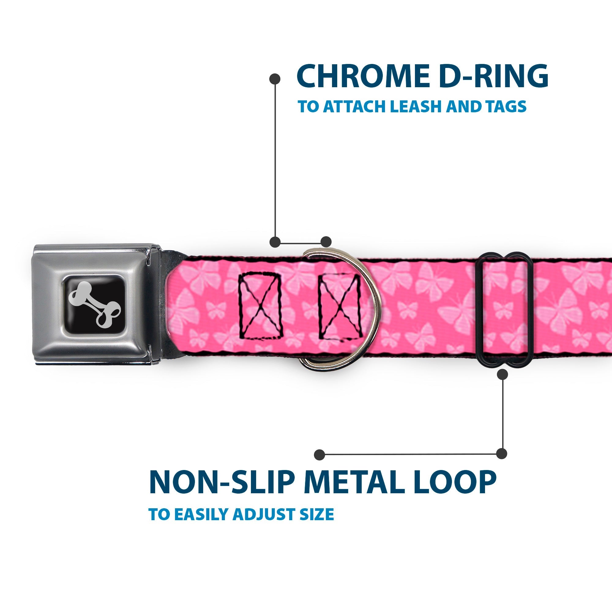 Dog Bone Seatbelt Buckle Collar - Butterflies Pink