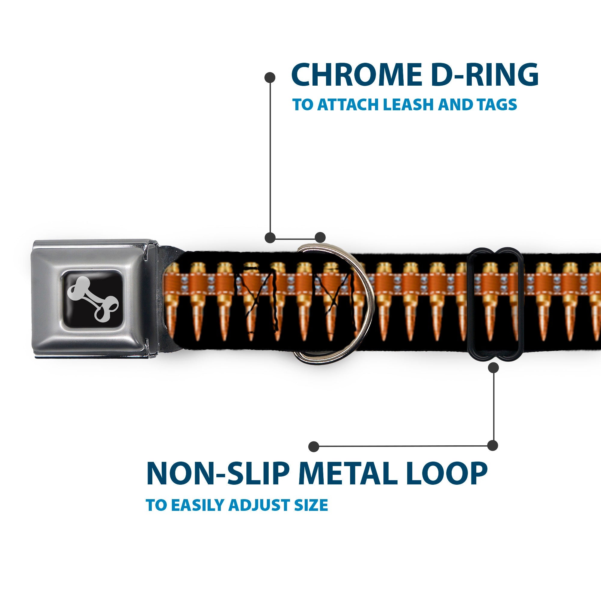 Dog Bone Black/Silver Seatbelt Buckle Collar - Printed Bullets Pattern