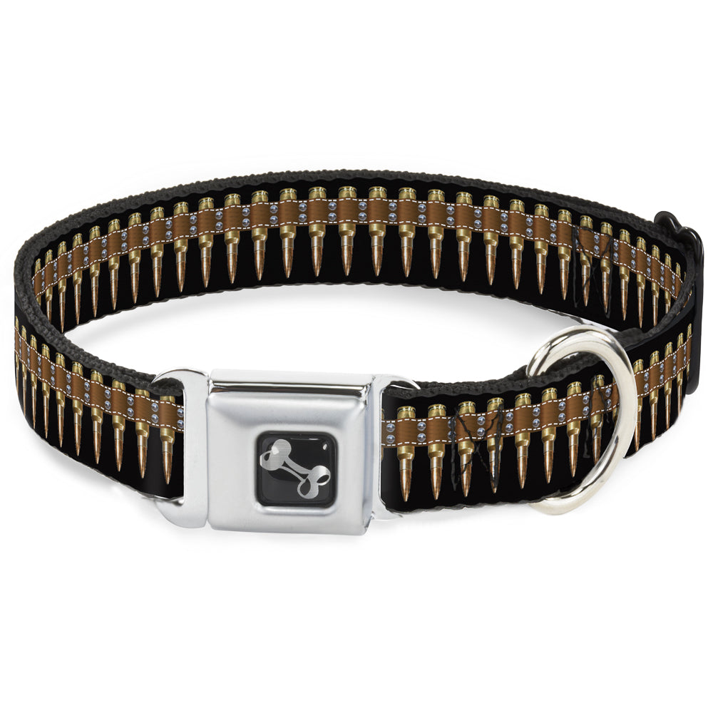 Dog Bone Black/Silver Seatbelt Buckle Collar - Printed Bullets Pattern