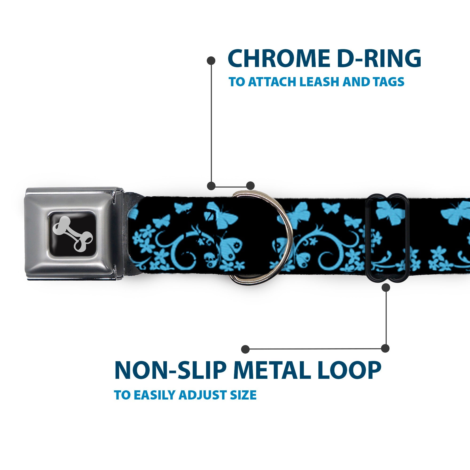 Dog Bone Seatbelt Buckle Collar - Butterfly Garden Black/Blue