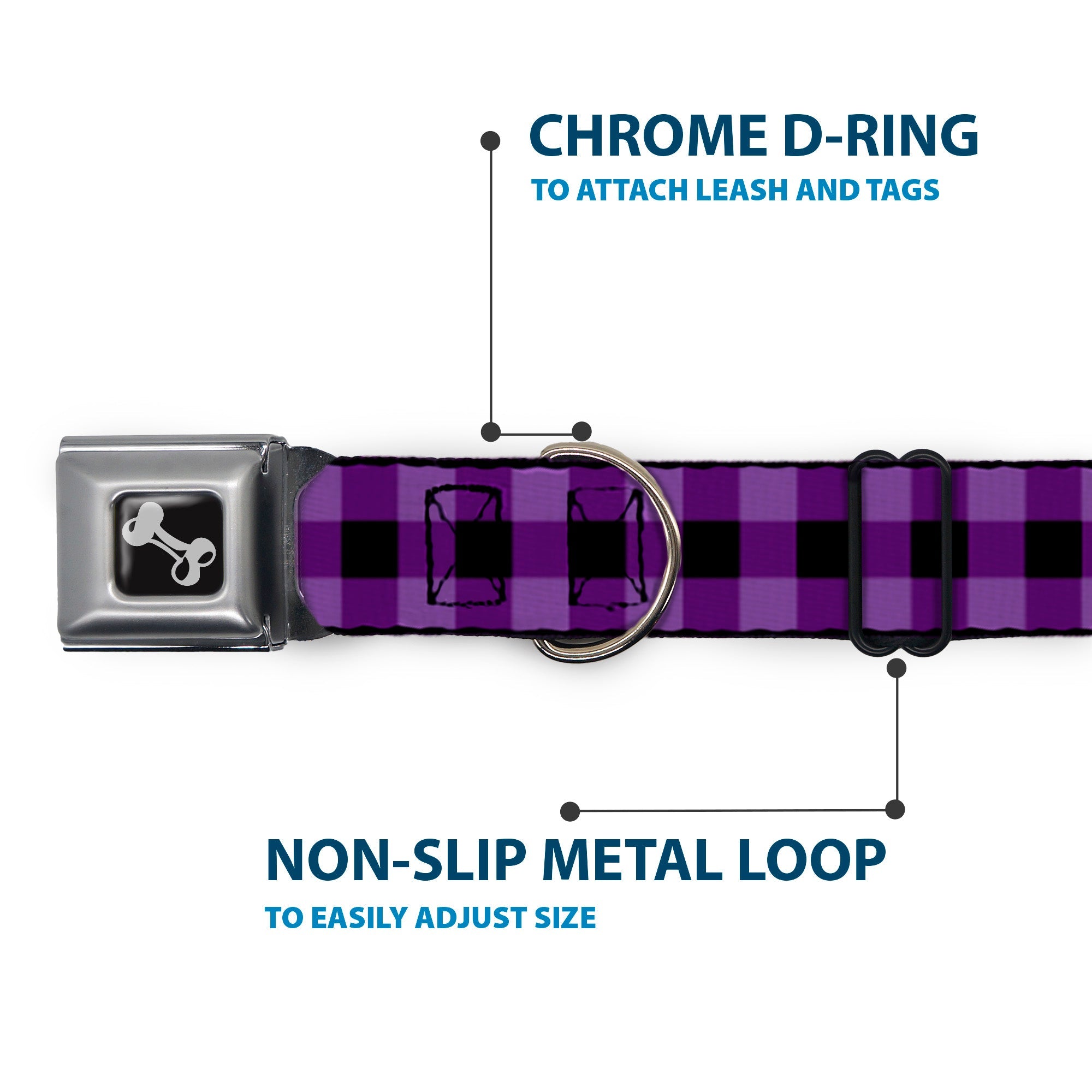 Dog Bone Seatbelt Buckle Collar - Buffalo Plaid Black/Purple