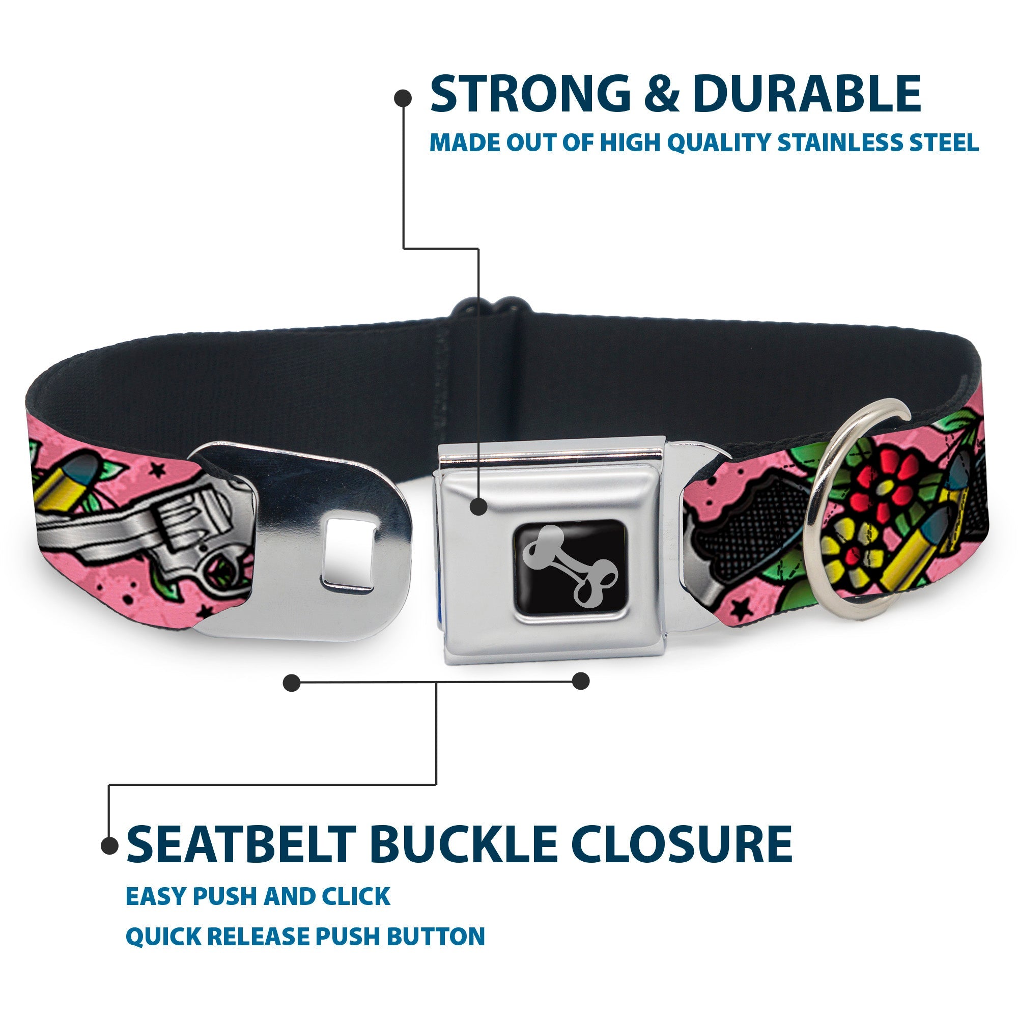 Dog Bone Seatbelt Buckle Collar - Born to Raise Hell CLOSE-UP Pink
