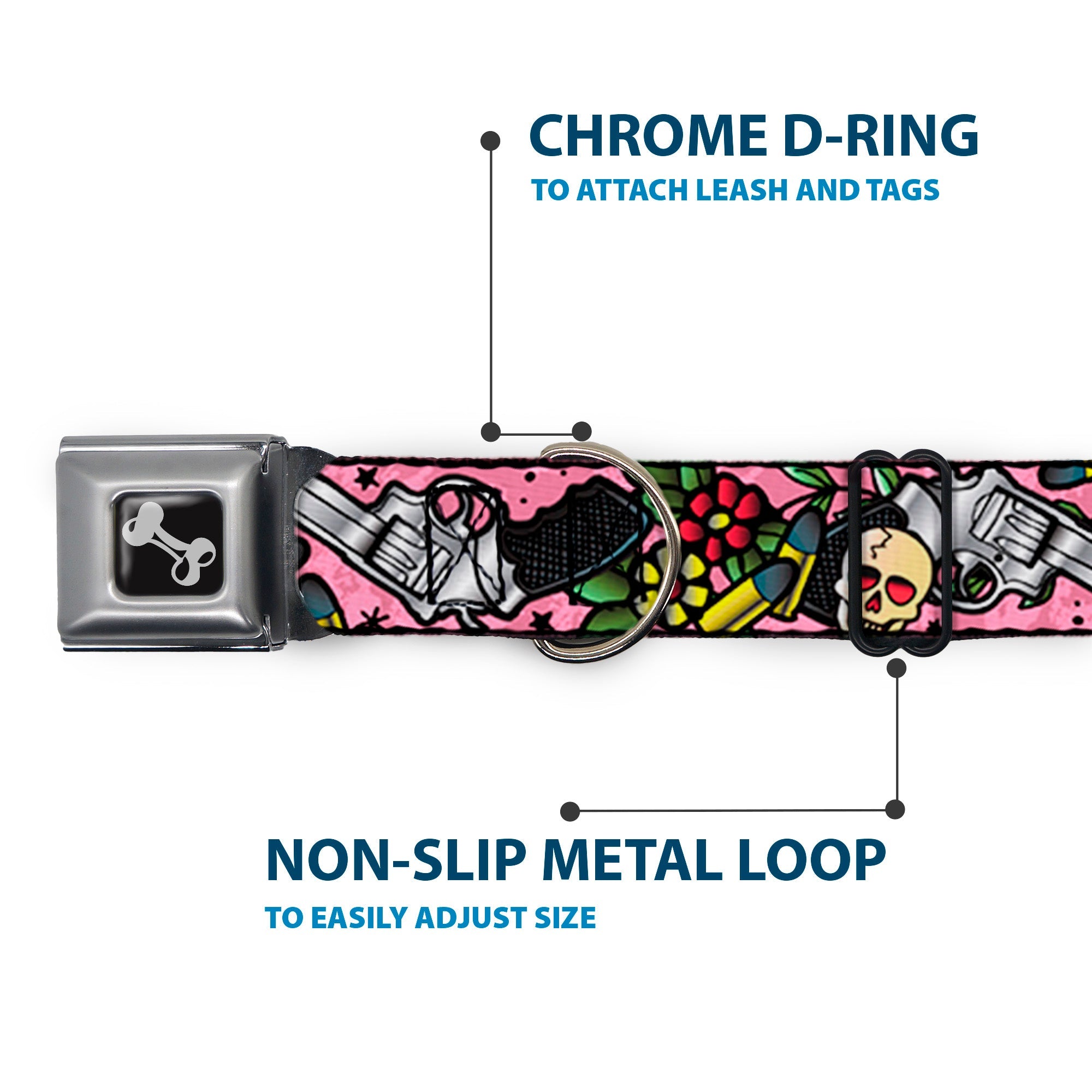 Dog Bone Seatbelt Buckle Collar - Born to Raise Hell CLOSE-UP Pink