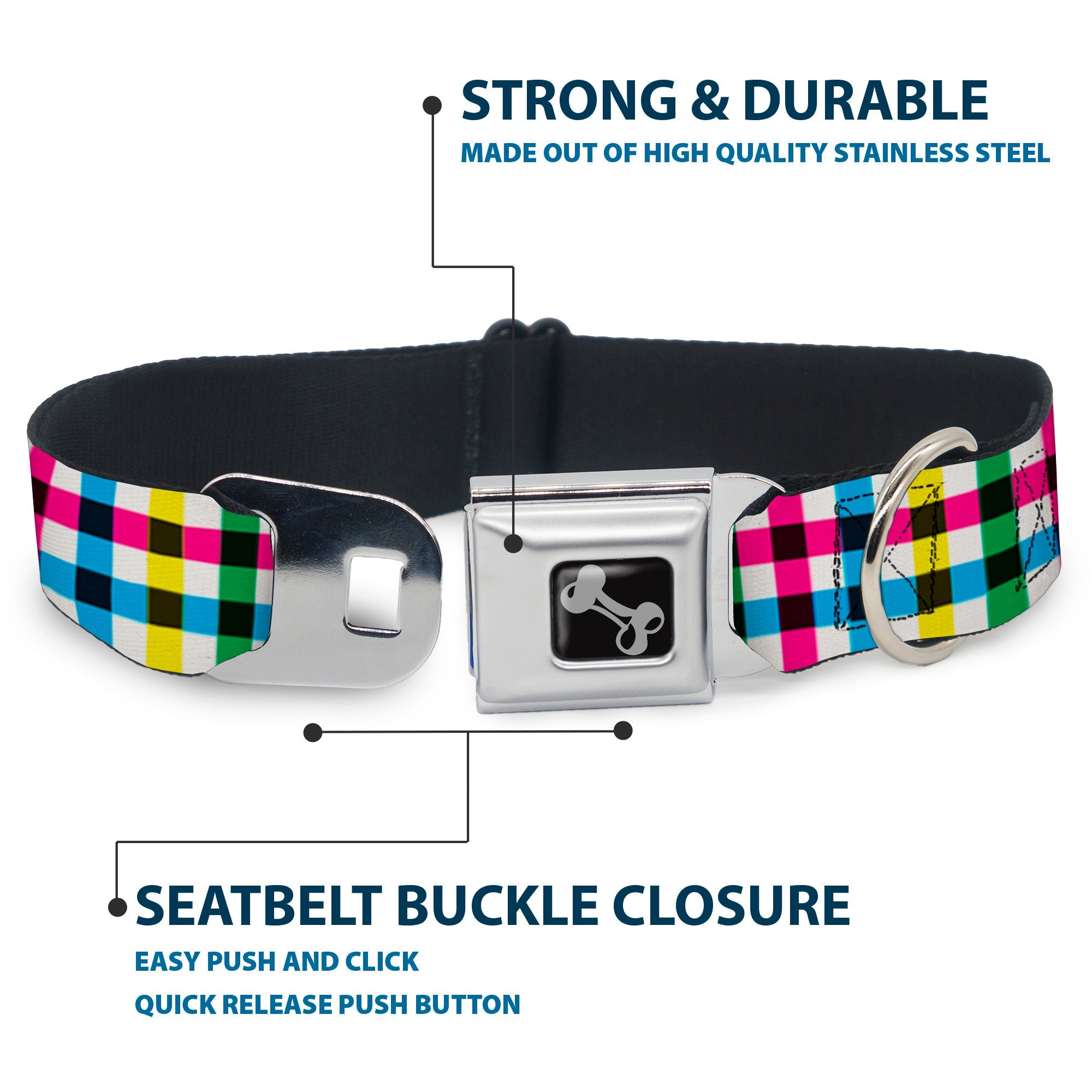 Southlake Paws Dog Bone Seatbelt Buckle Collar in buffalo plaid design with colorful check pattern and stainless steel buckle