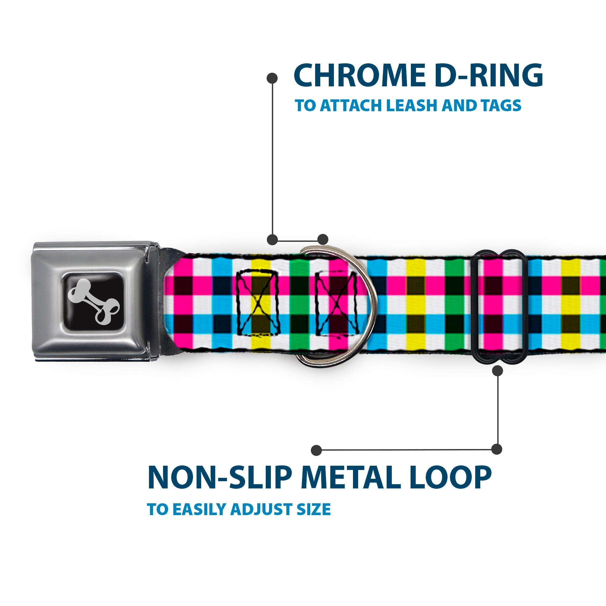 Southlake Paws Dog Bone Seatbelt Buckle Collar in buffalo plaid design with chrome D-ring and non-slip metal loop for size ad
