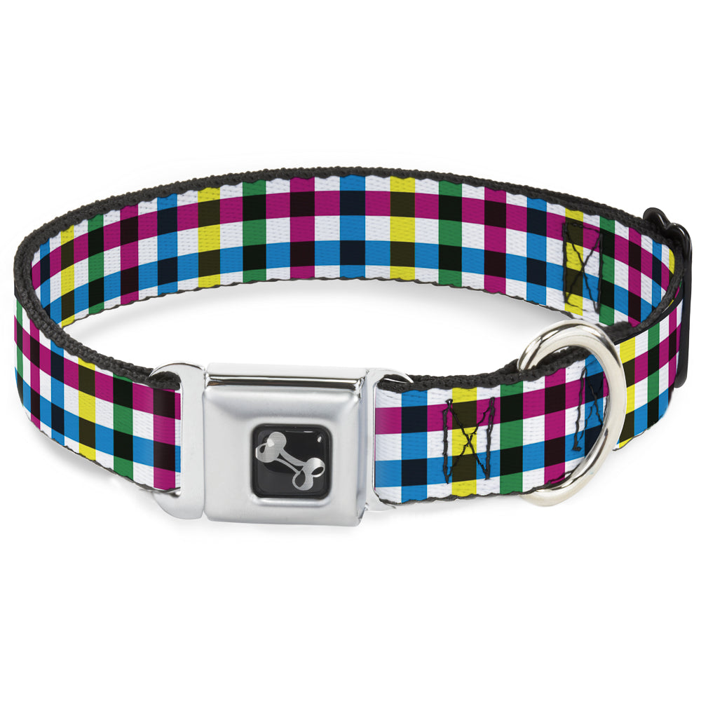 Colorful buffalo plaid dog collar with a seatbelt buckle and metal D-ring for leash attachment. Ideal for stylish pet safety.