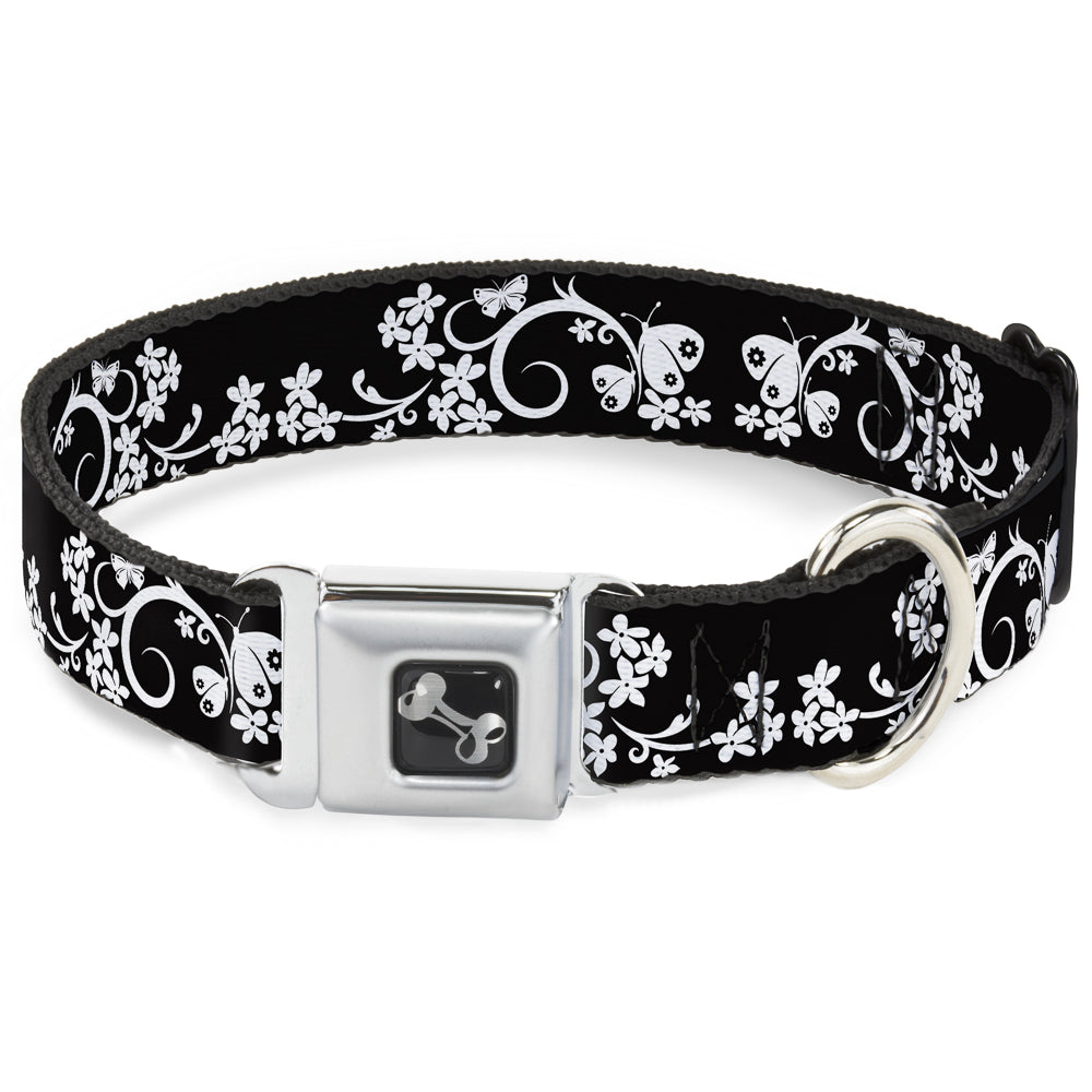 Dog Bone Seatbelt Buckle Collar - Butterfly Garden2 Black/White