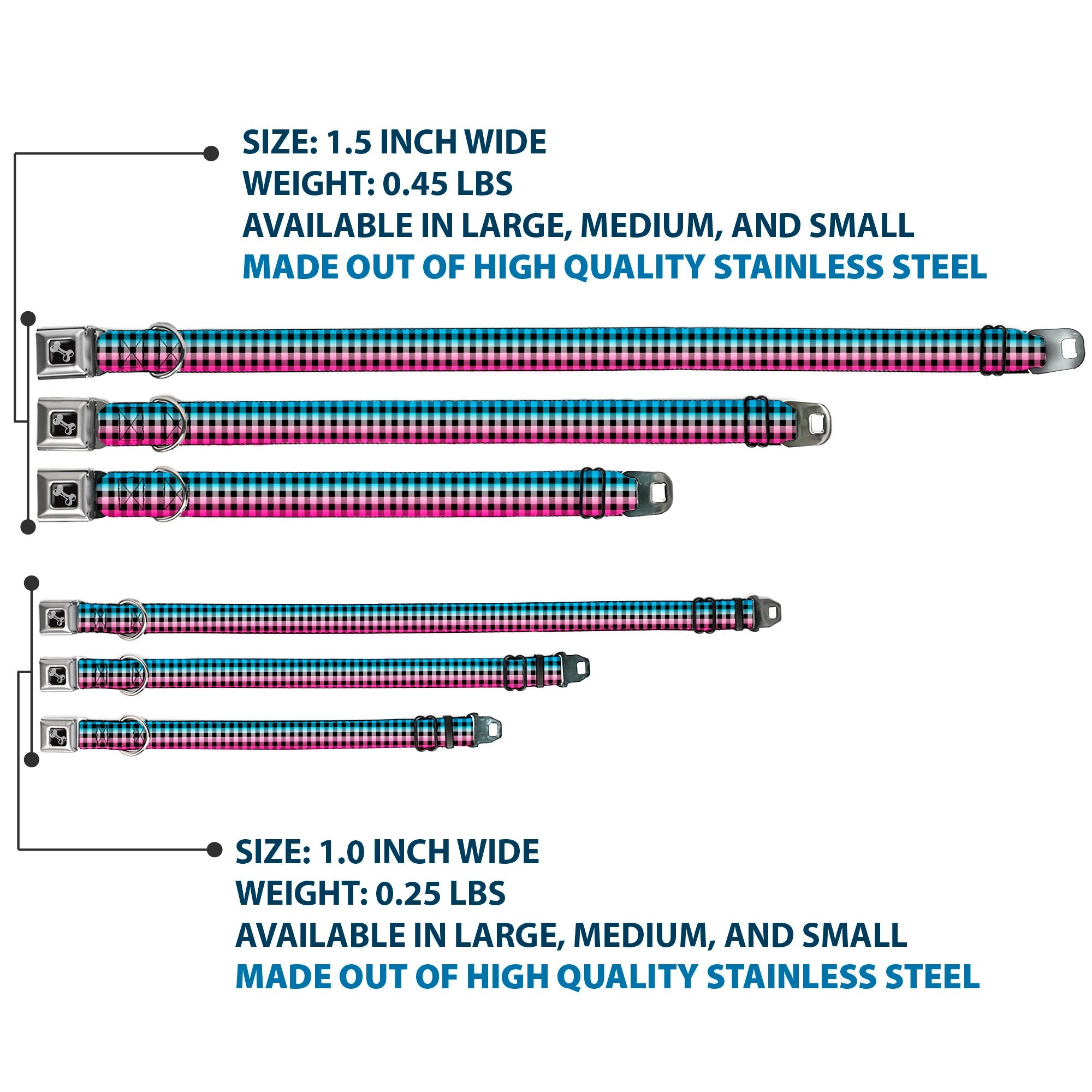 Dog Bone Seatbelt Buckle Collar - Buffalo Plaid Turquoise/Fuchsia Fade