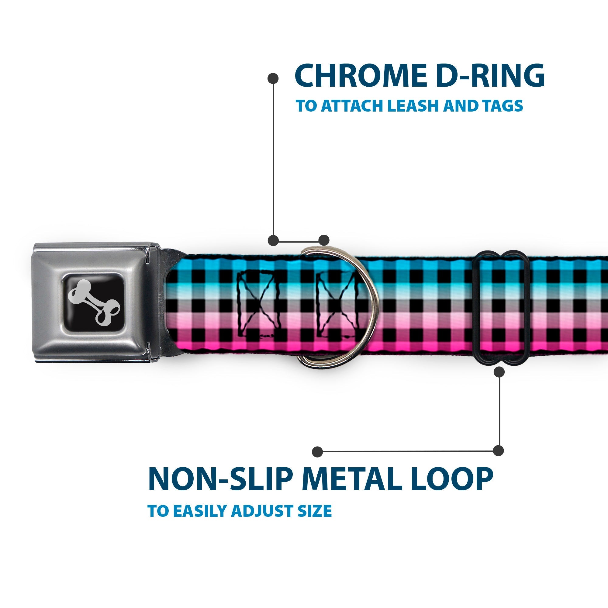 Dog Bone Seatbelt Buckle Collar - Buffalo Plaid Turquoise/Fuchsia Fade