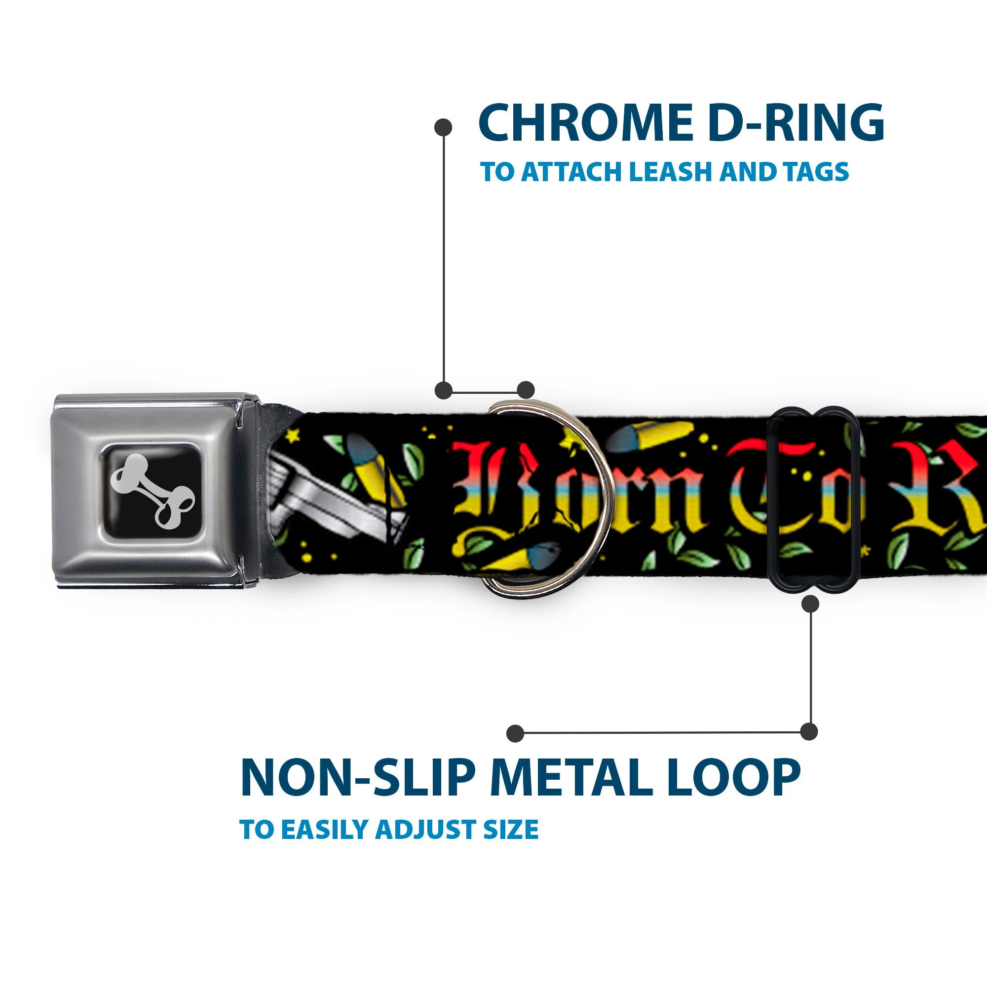 Dog Bone Seatbelt Buckle Collar - Born to Raise Hell Black