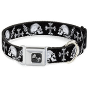 Dog Bone Seatbelt Buckle Collar - BD Skulls w/Wings Black/White