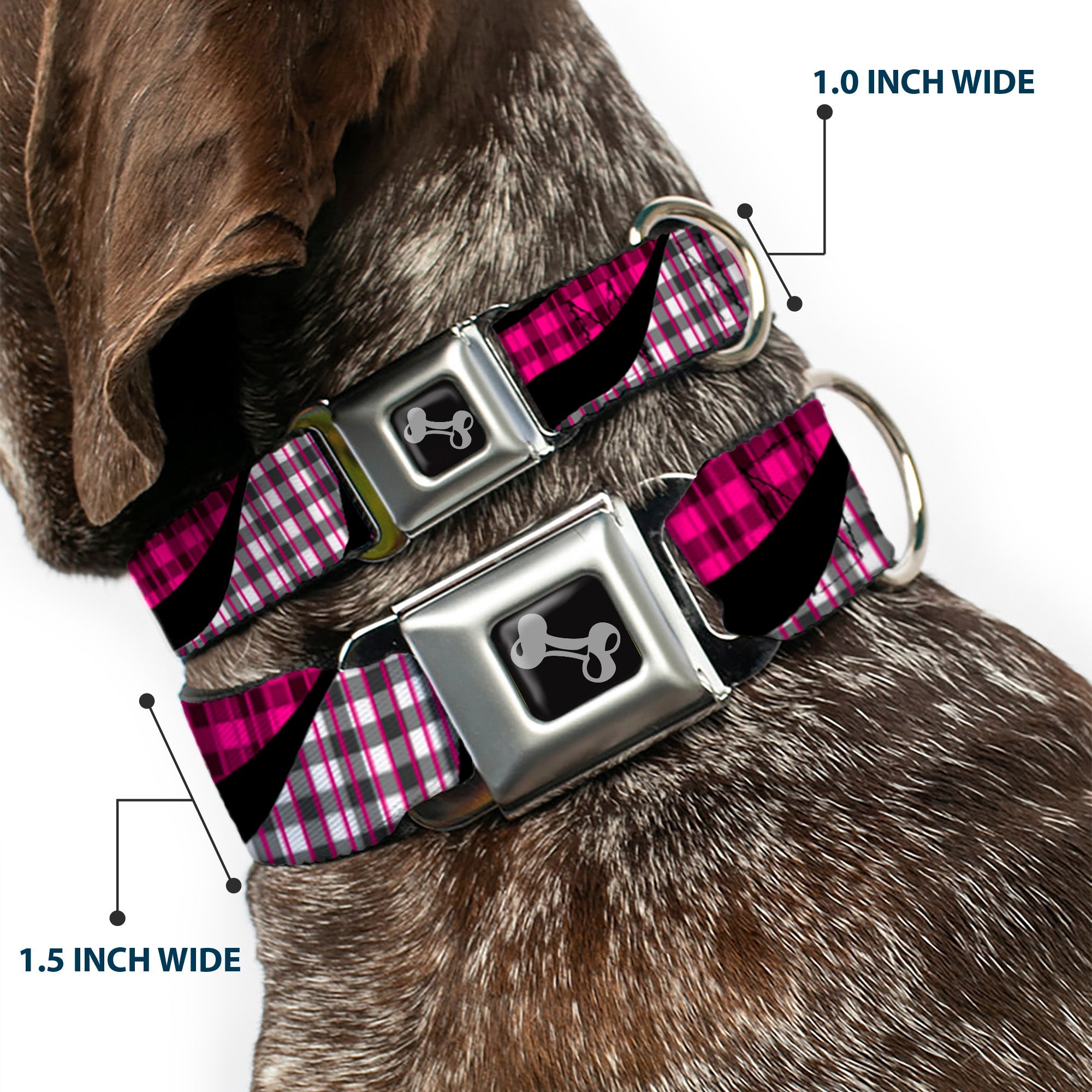 Dog Bone Seatbelt Buckle Collar - Buffalo Plaid Abstract White/Black/Fuchsia