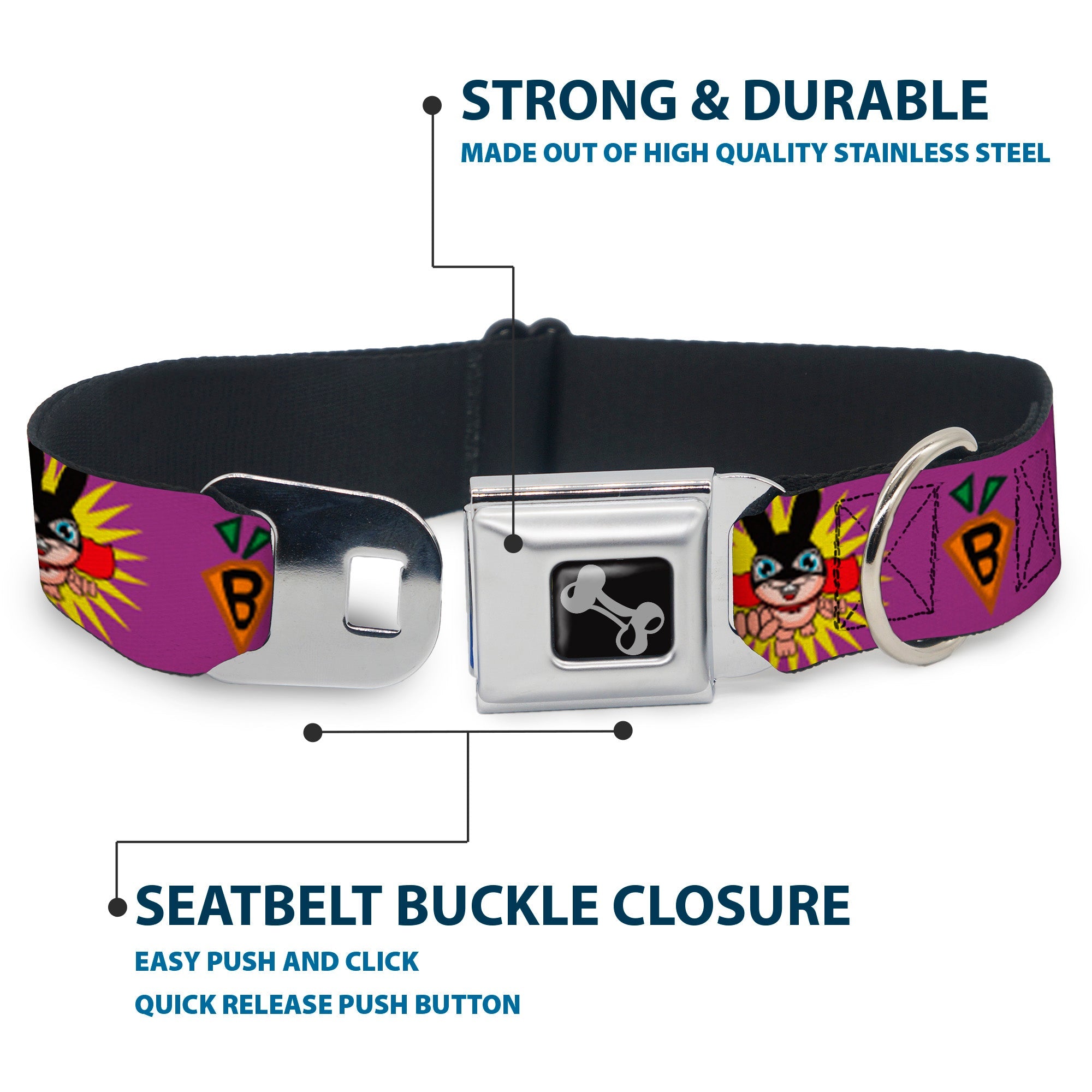 Dog Bone Seatbelt Buckle Collar - Bunny Superhero Purple