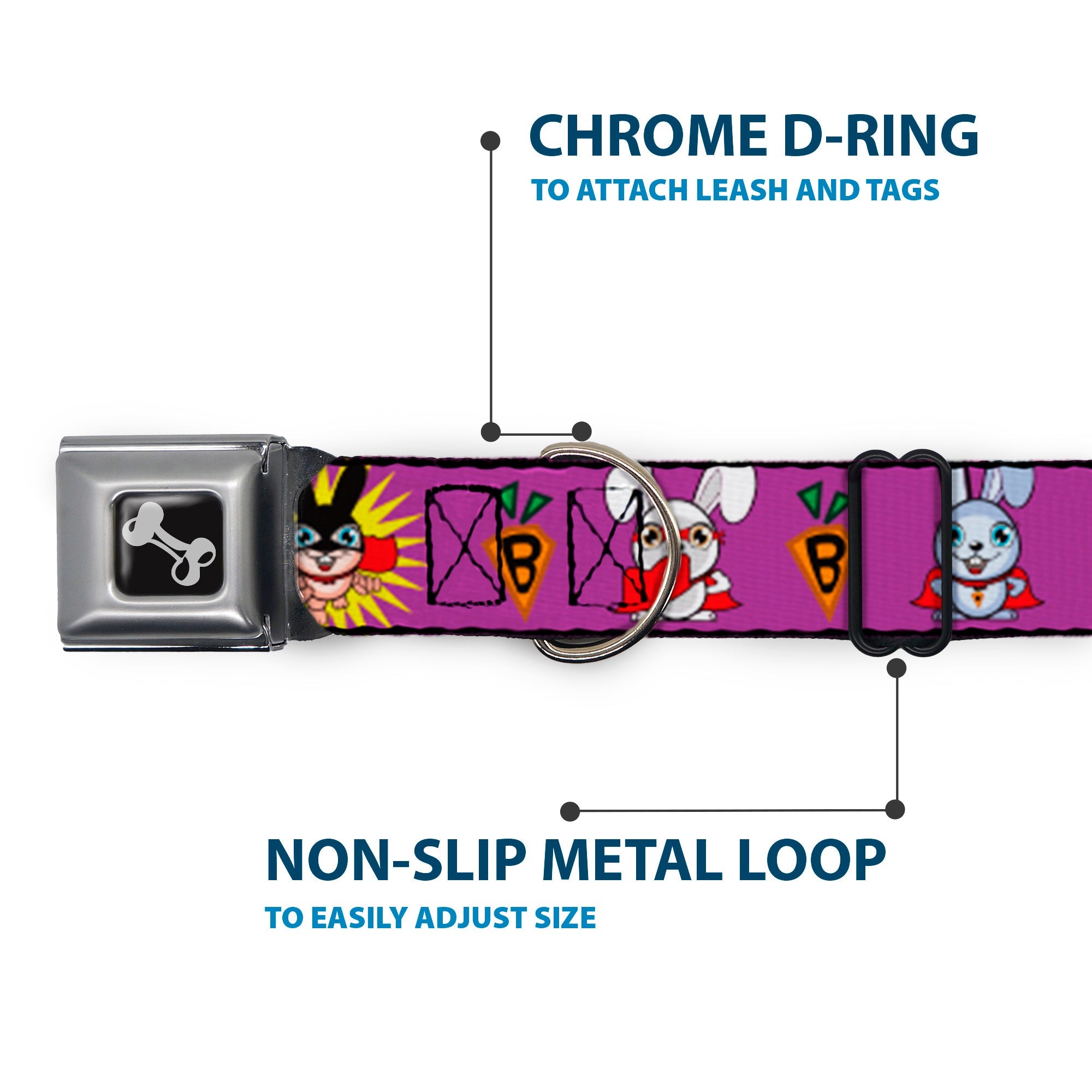 Dog Bone Seatbelt Buckle Collar - Bunny Superhero Purple
