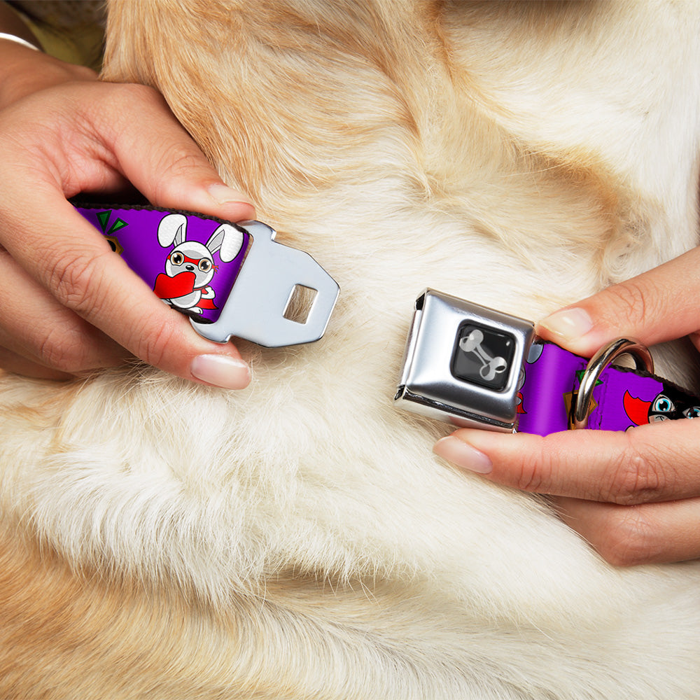 Dog Bone Seatbelt Buckle Collar - Bunny Superhero Purple