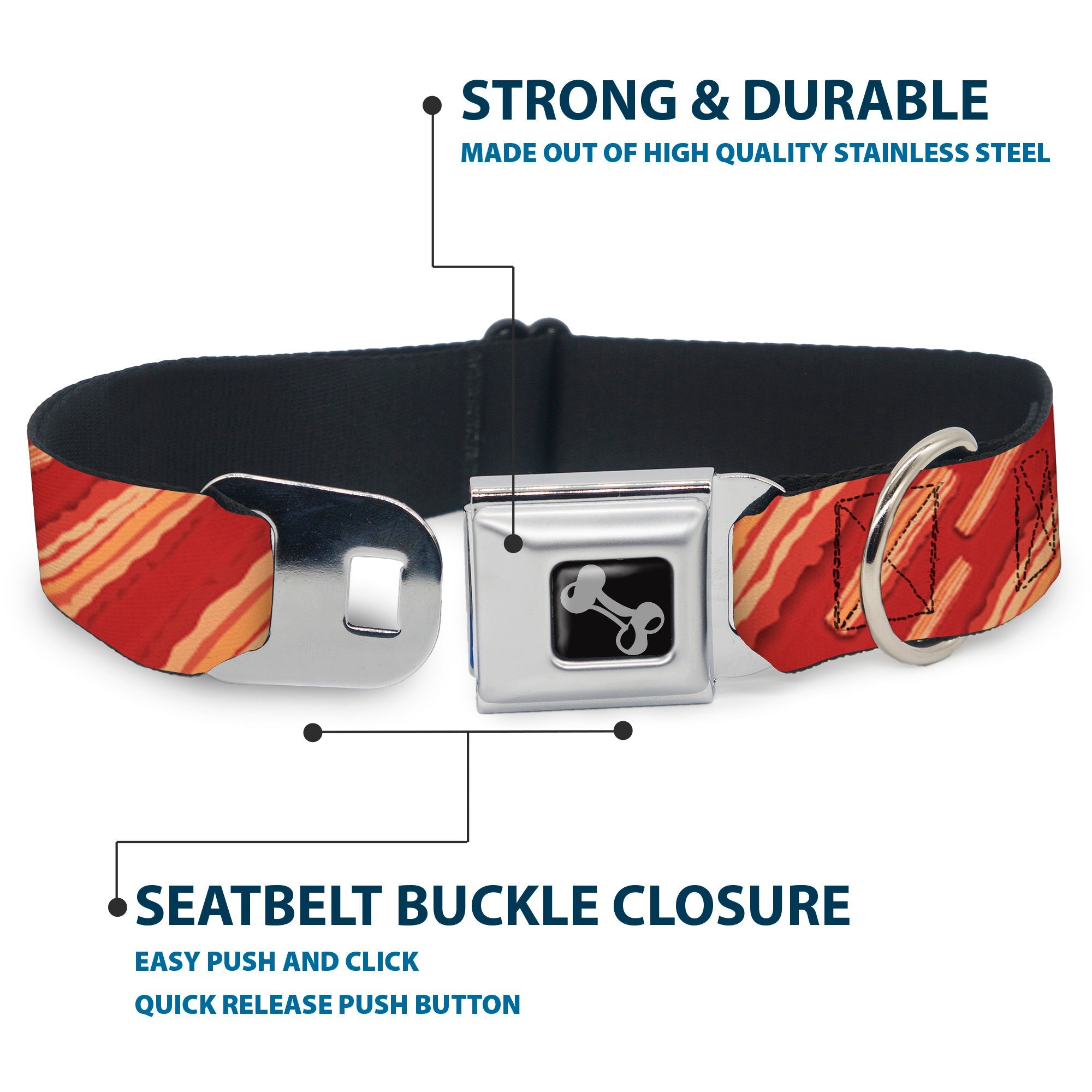 Dog Bone Seatbelt Buckle Collar - Bacon Slices Red