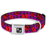 Dog Bone Seatbelt Buckle Collar - Broken Hearts & Roses w/Fuchsia Plaid