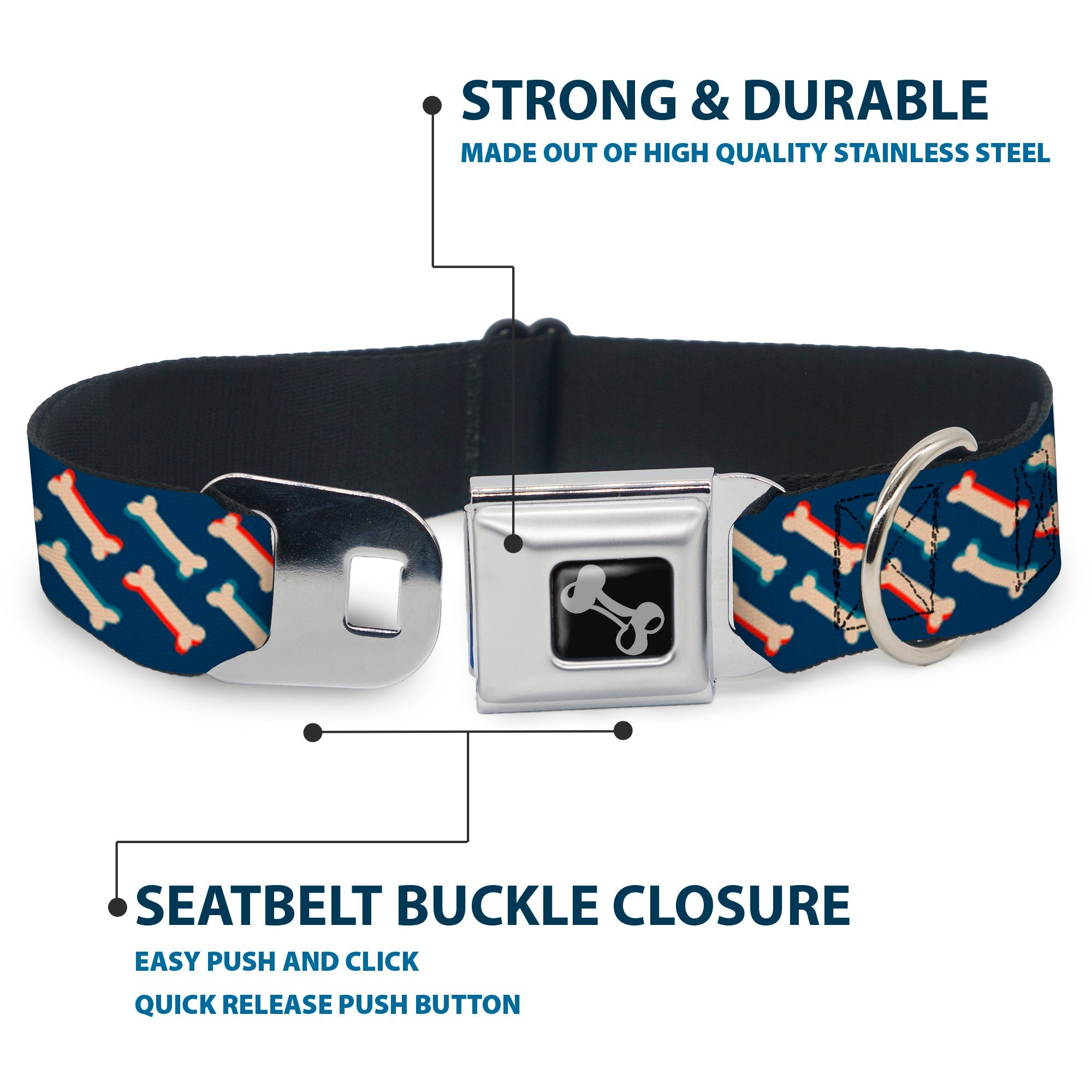 Dog Bone Seatbelt Buckle Collar - Bones Blue/Tan/Red