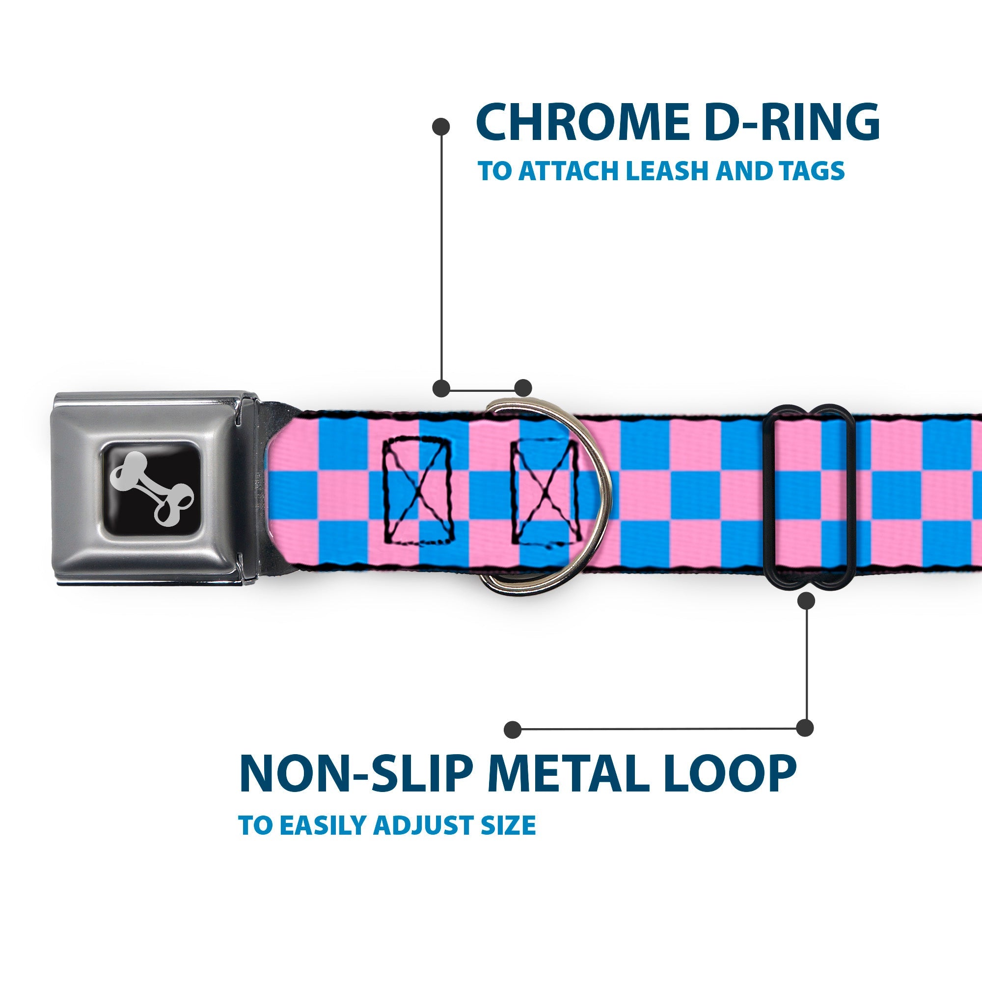 Dog Bone Seatbelt Buckle Collar - Checker Baby Pink/Baby Blue