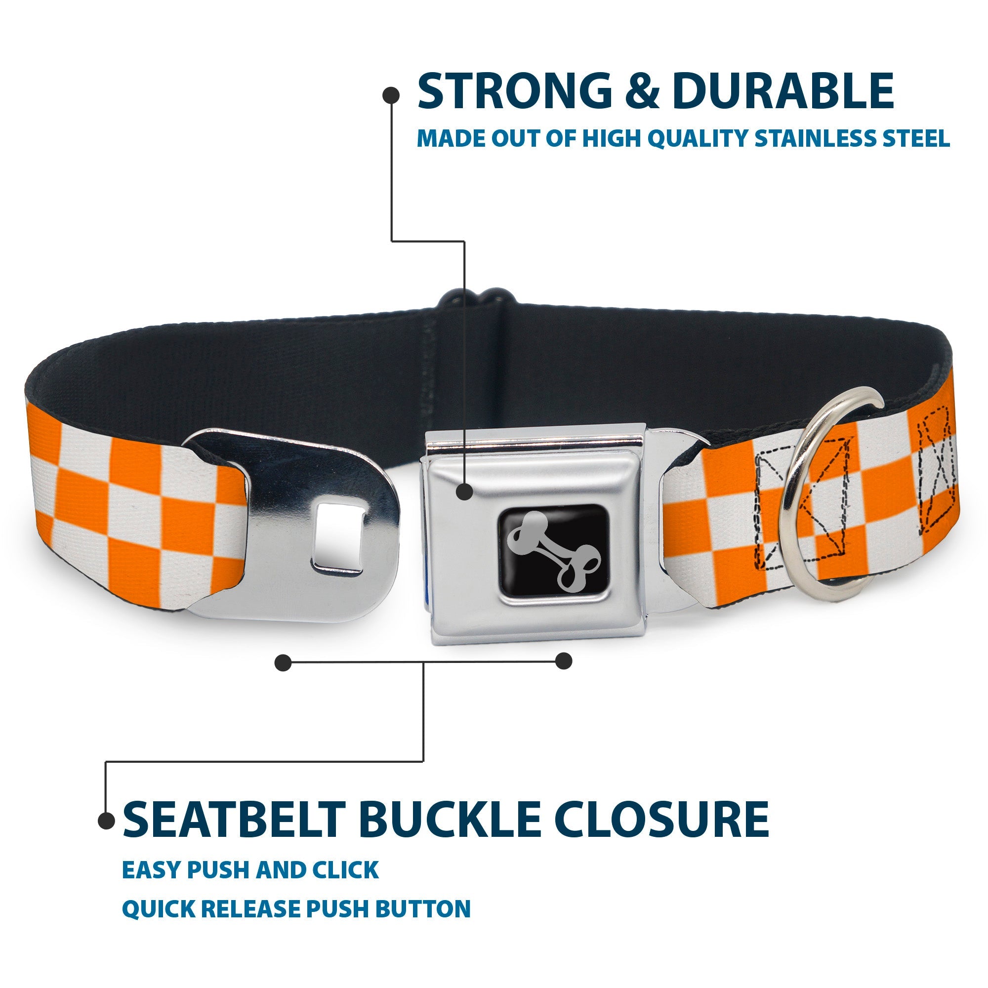 Dog Bone Seatbelt Buckle Collar - Checker White/TN Orange