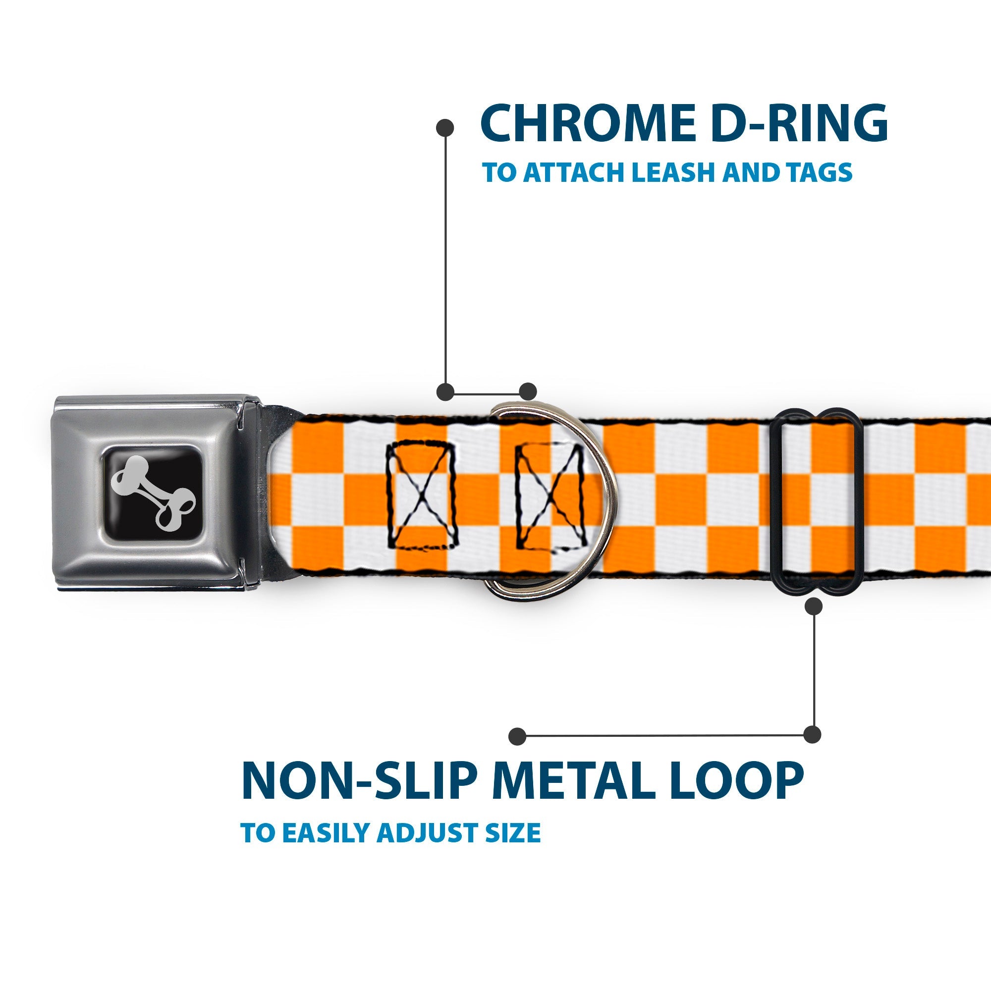 Dog Bone Seatbelt Buckle Collar - Checker White/TN Orange