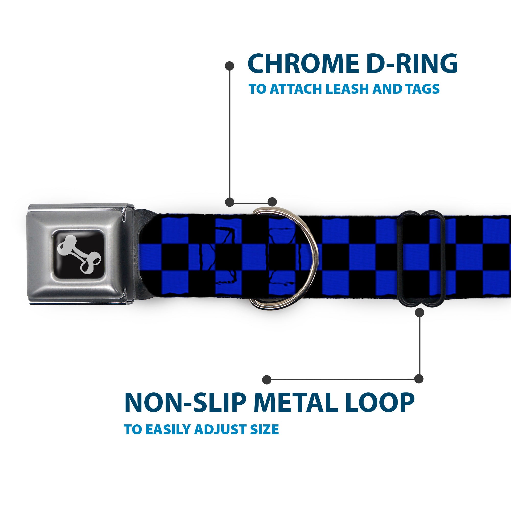 Dog Bone Seatbelt Buckle Collar - Checker Black/Neon Blue
