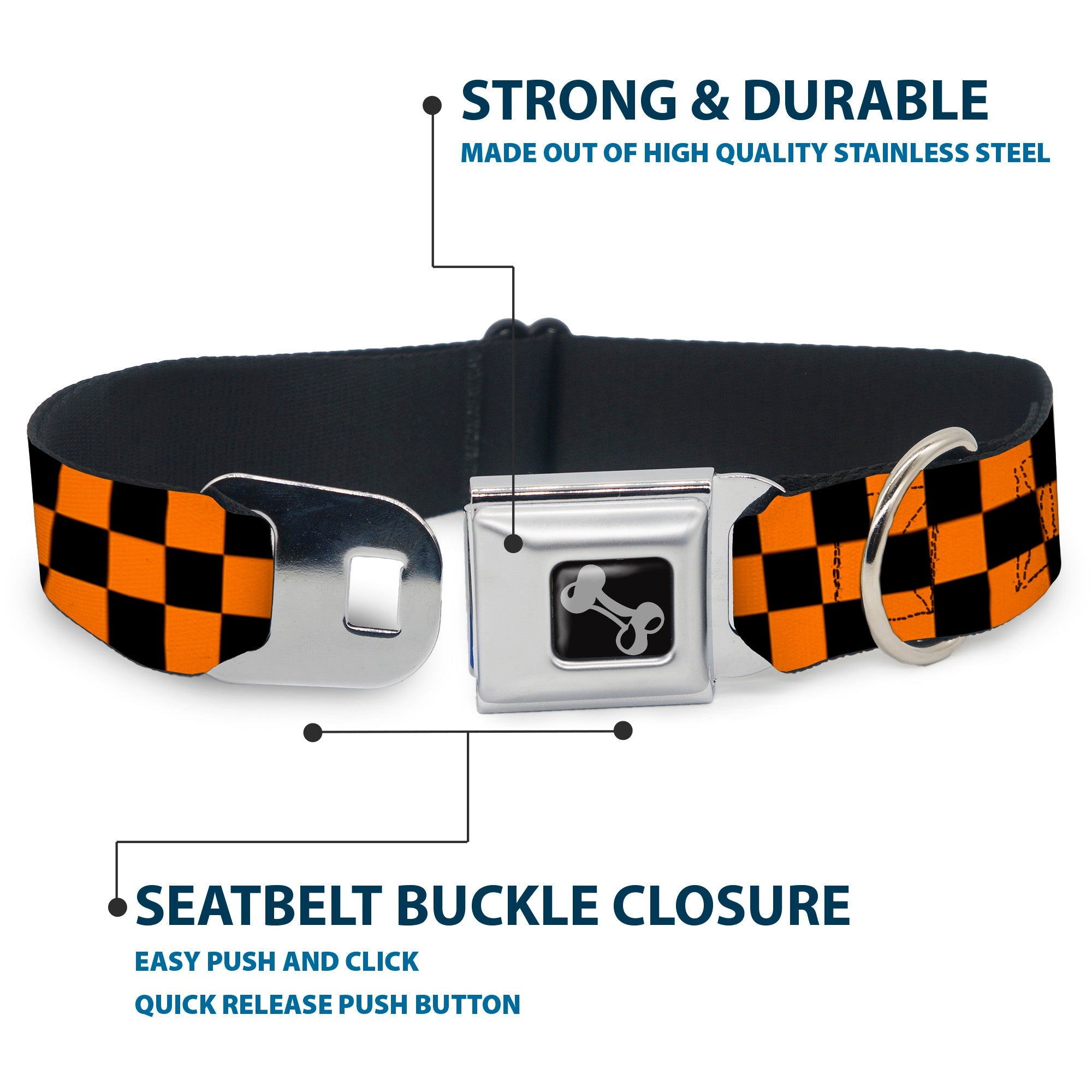 Dog Bone Seatbelt Buckle Collar - Checker Black/Neon Orange