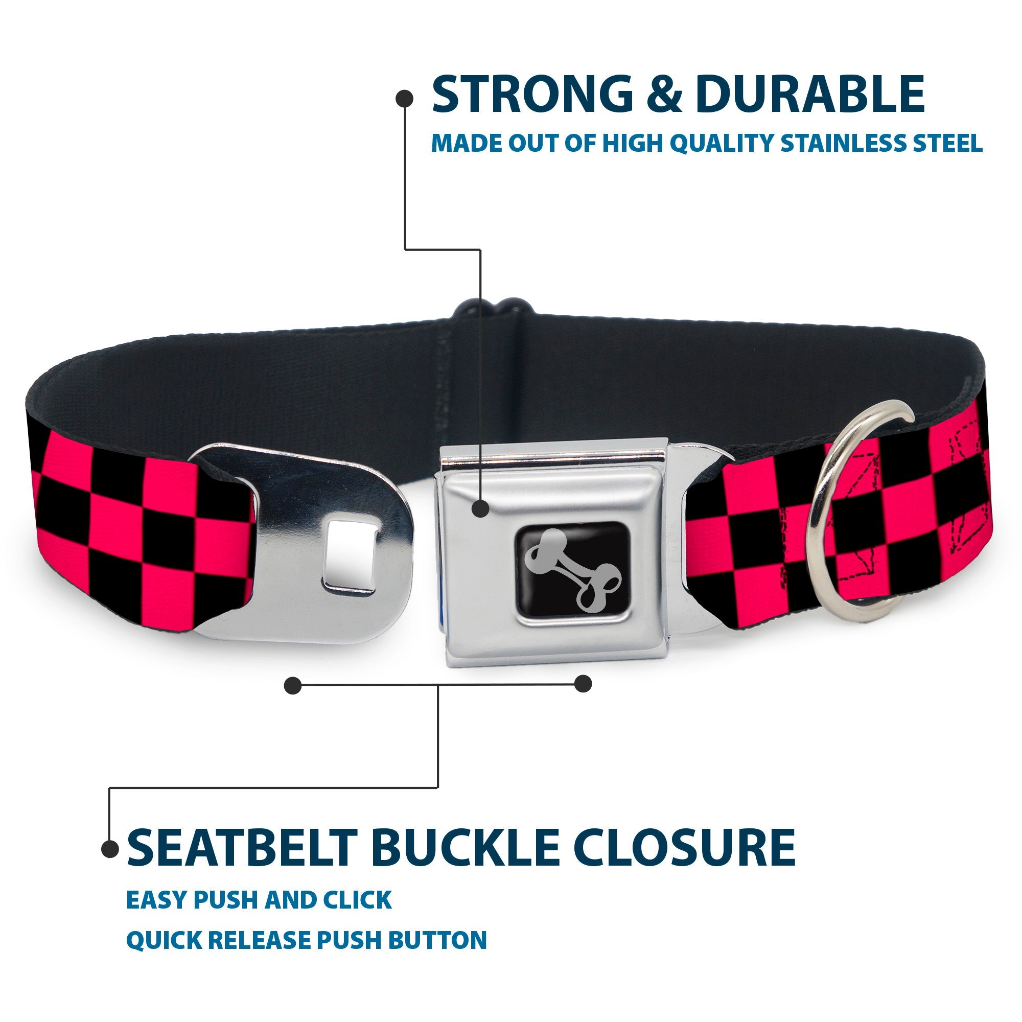 Dog Bone Seatbelt Buckle Collar - Checker Black/Neon Pink