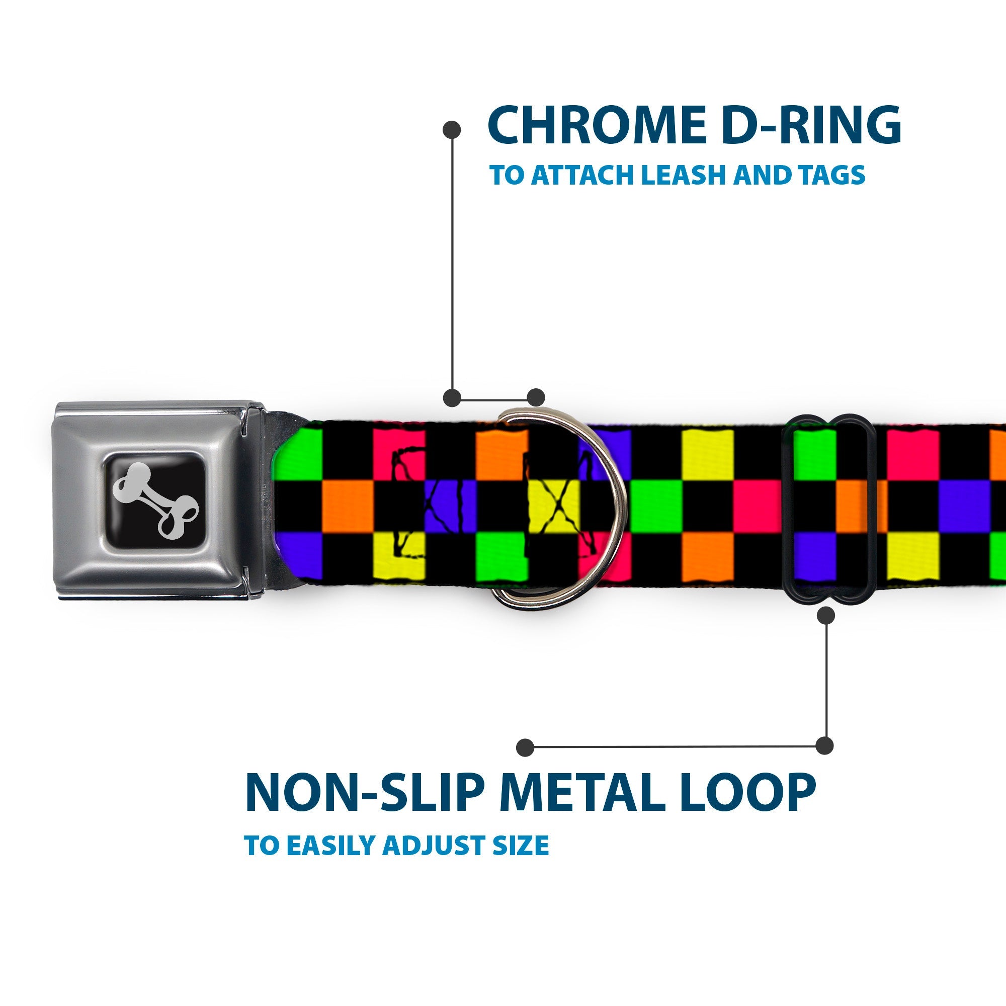 Dog Bone Seatbelt Buckle Collar - Checker Black/Multi Neon