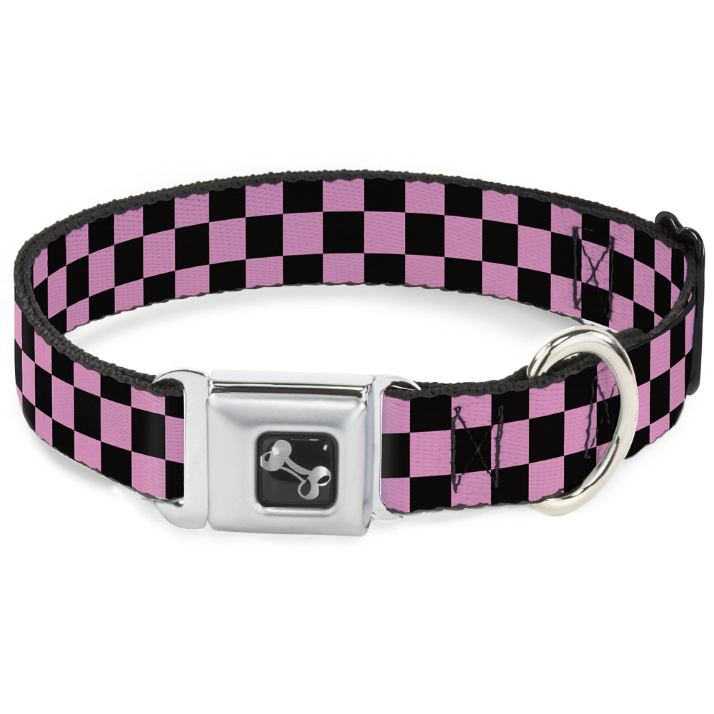 Dog Bone Seatbelt Buckle Collar - Checker Black/Baby Pink