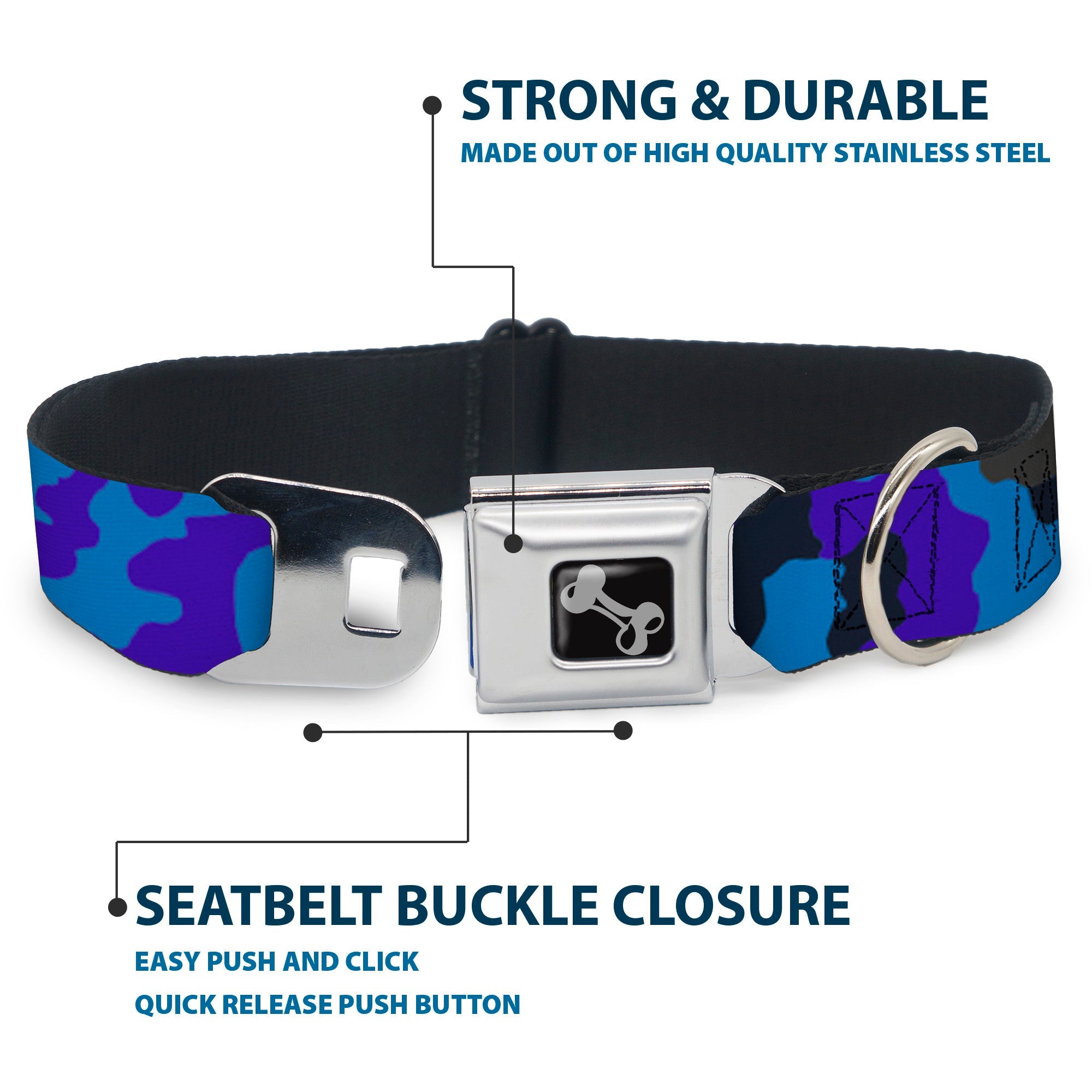 Dog Bone Seatbelt Buckle Collar - Camo Blue
