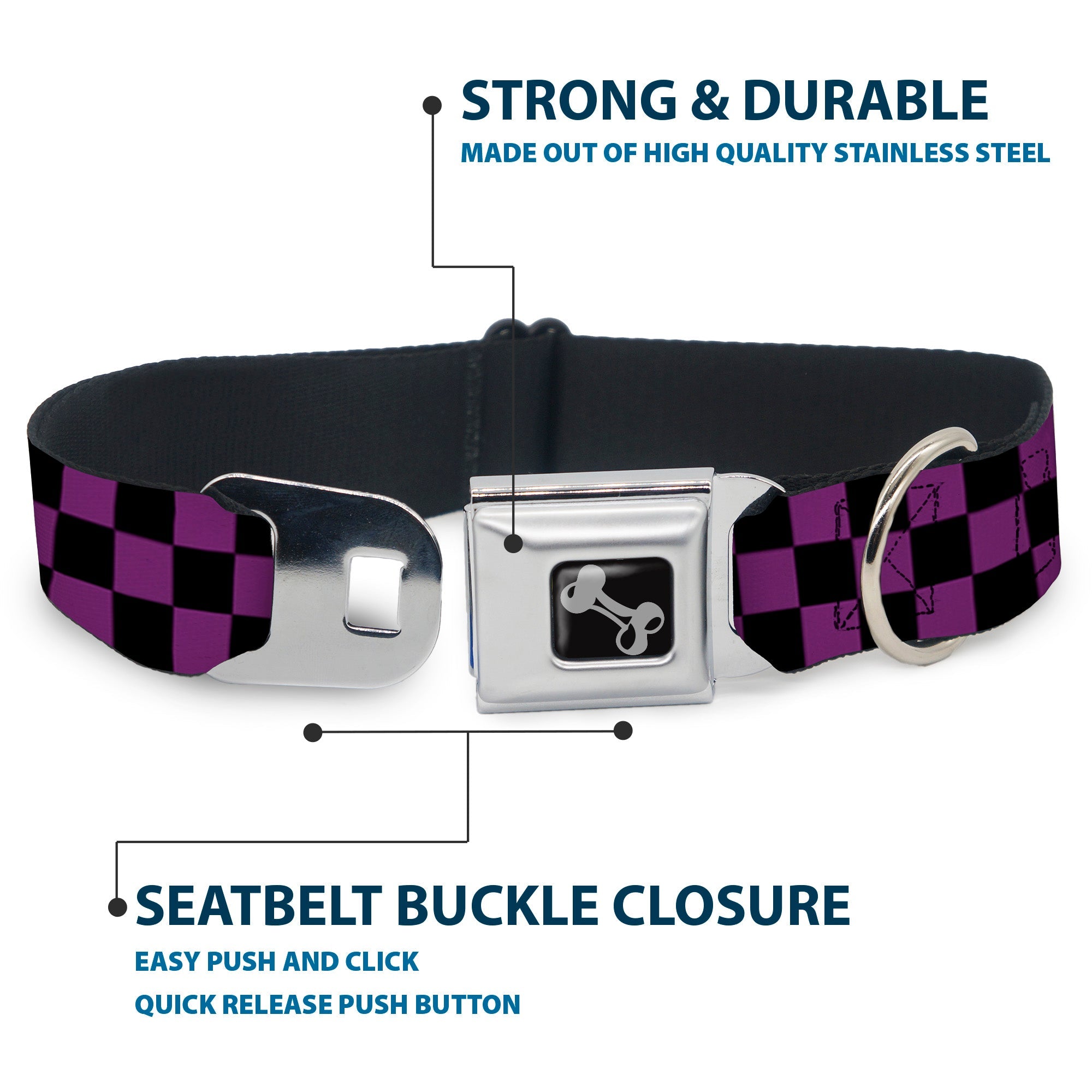 Dog Bone Seatbelt Buckle Collar - Checker Black/Purple