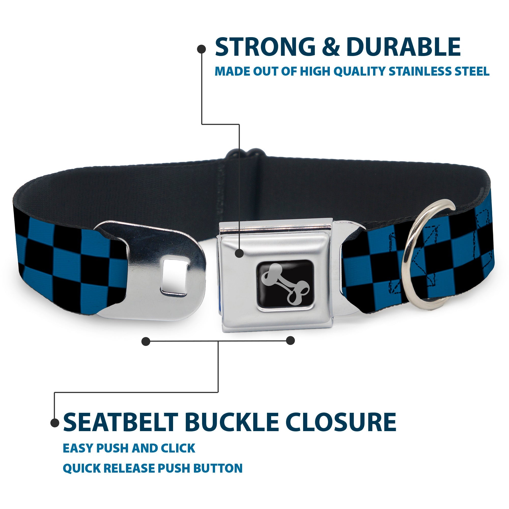 Dog Bone Seatbelt Buckle Collar - Checker Black/Turquoise