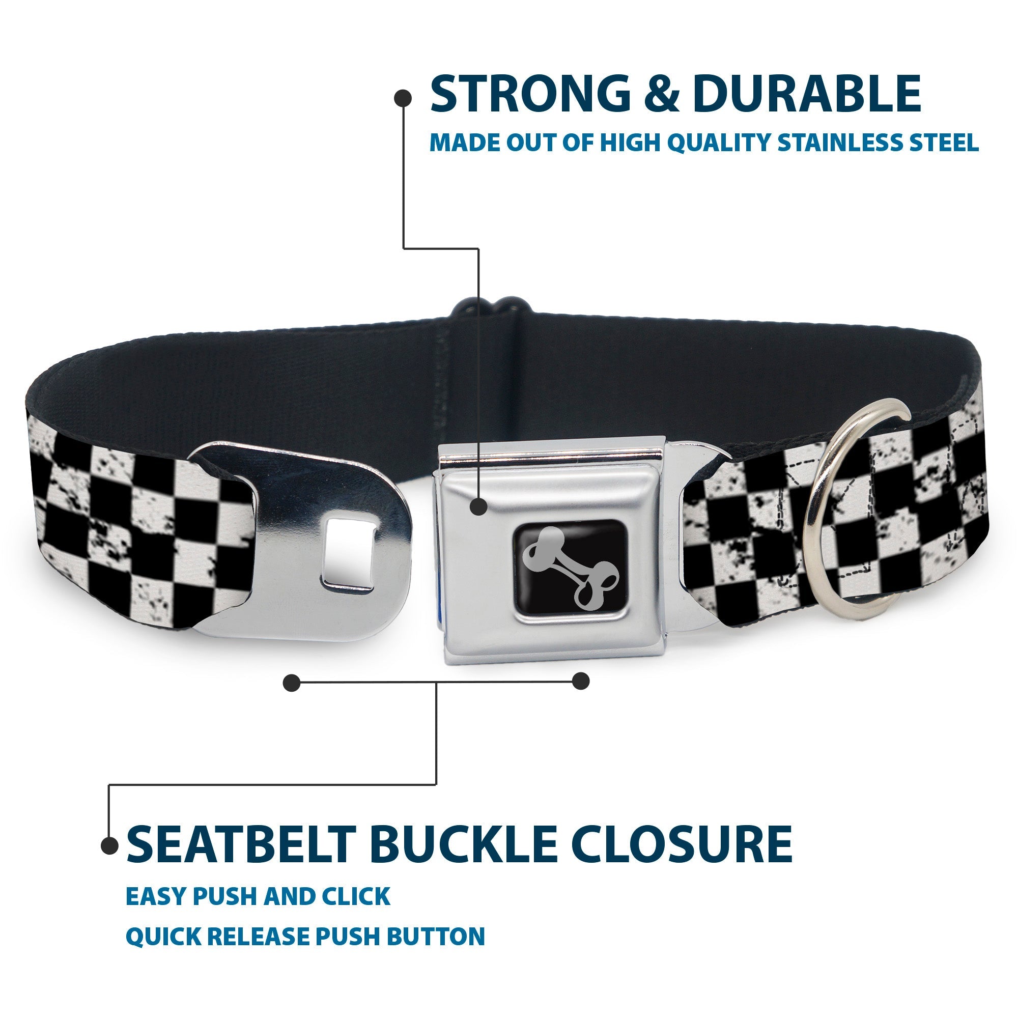 Dog Bone Seatbelt Buckle Collar - Checker Weathered Black/White