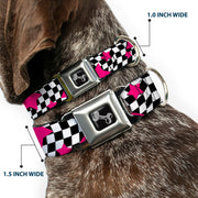 Dog Bone Seatbelt Buckle Collar - Checker & Stars Black/White/Pink