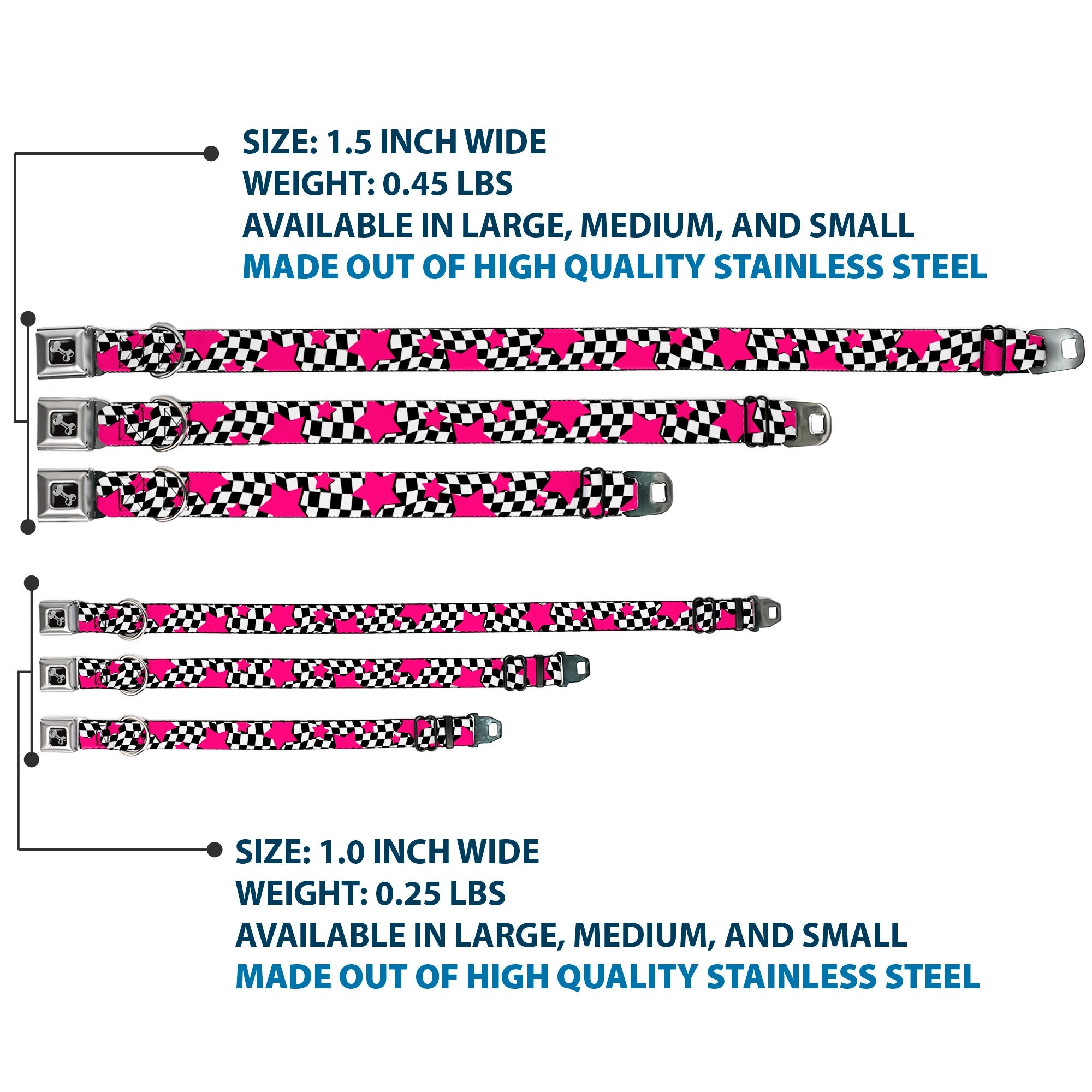 Dog Bone Seatbelt Buckle Collar - Checker & Stars Black/White/Pink