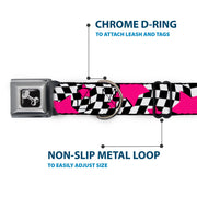 Dog Bone Seatbelt Buckle Collar - Checker & Stars Black/White/Pink