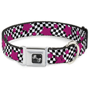 Dog Bone Seatbelt Buckle Collar - Checker & Stars Black/White/Pink