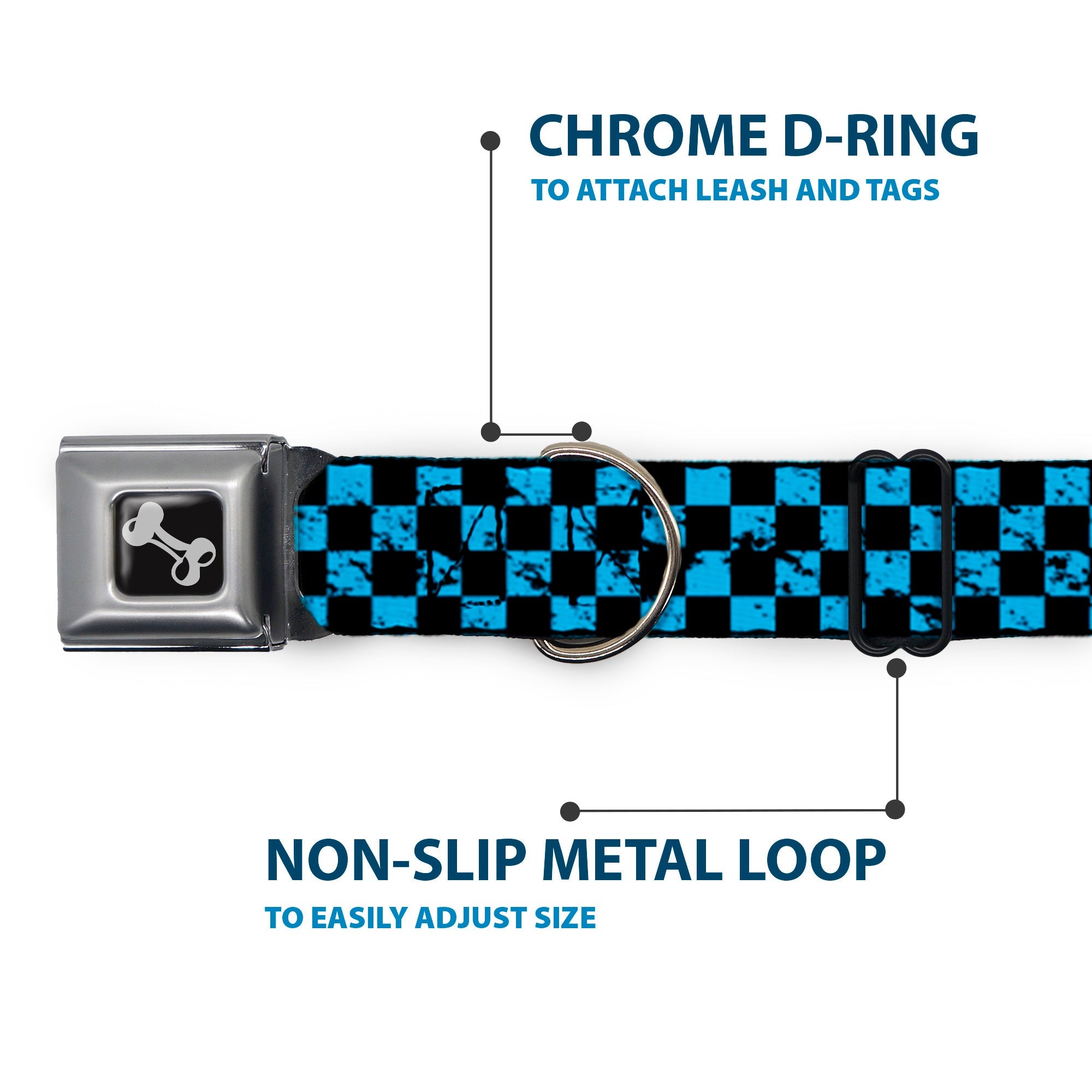 Dog Bone Seatbelt Buckle Collar - Checker Weathered Black/Turquoise