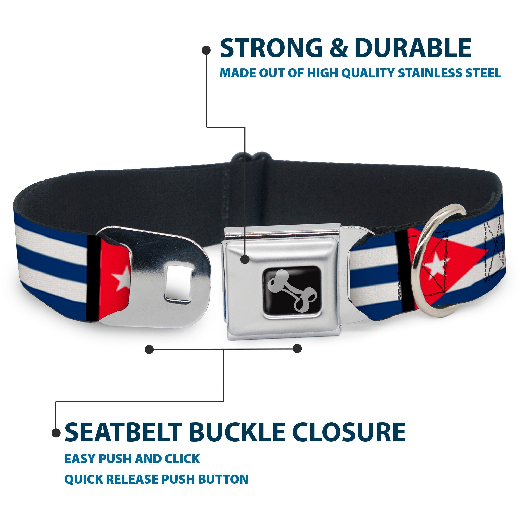 Dog Bone Seatbelt Buckle Collar - Cuba Flags