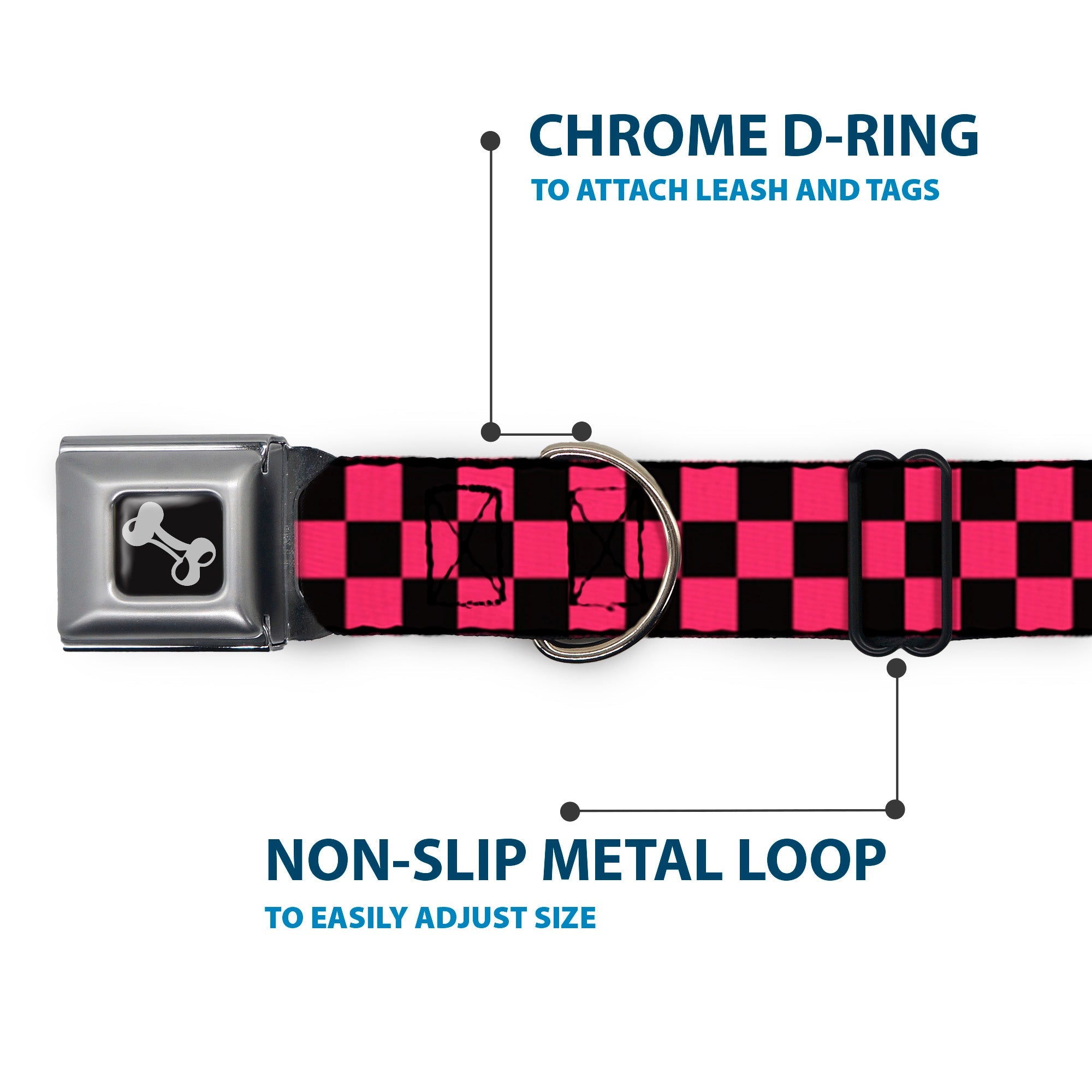 Dog Bone Seatbelt Buckle Collar - Checker Black/Honeysuckle Red