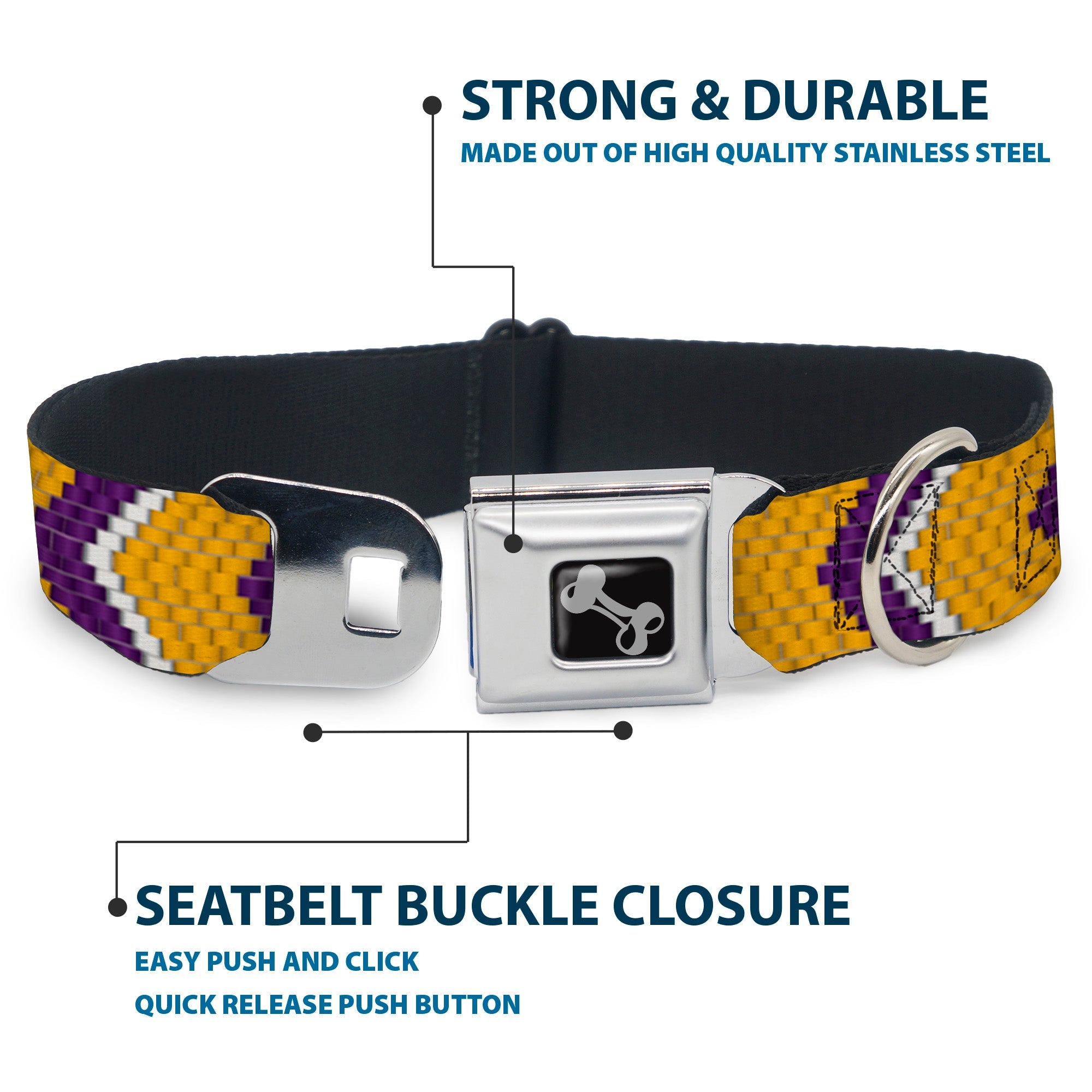 Dog Bone Seatbelt Buckle Collar - Chevron Weave Gold/Purple/White