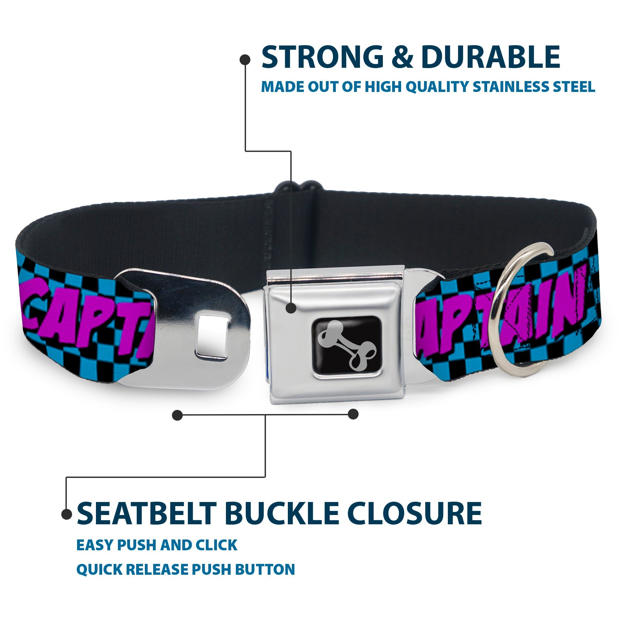 Dog Bone Seatbelt Buckle Collar - CAPTAIN AWESOME Turquoise Checker/Fuchsia