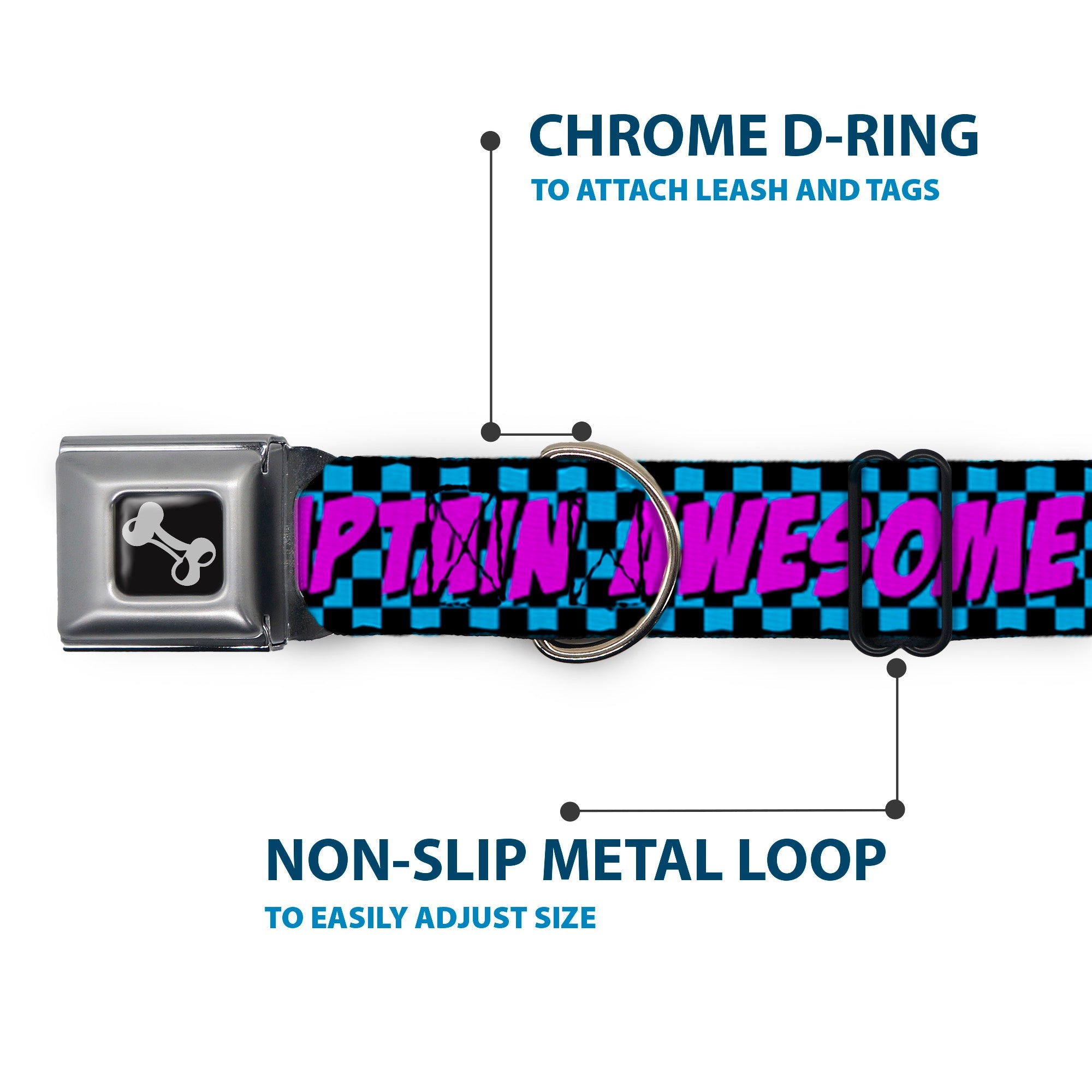 Dog Bone Seatbelt Buckle Collar - CAPTAIN AWESOME Turquoise Checker/Fuchsia
