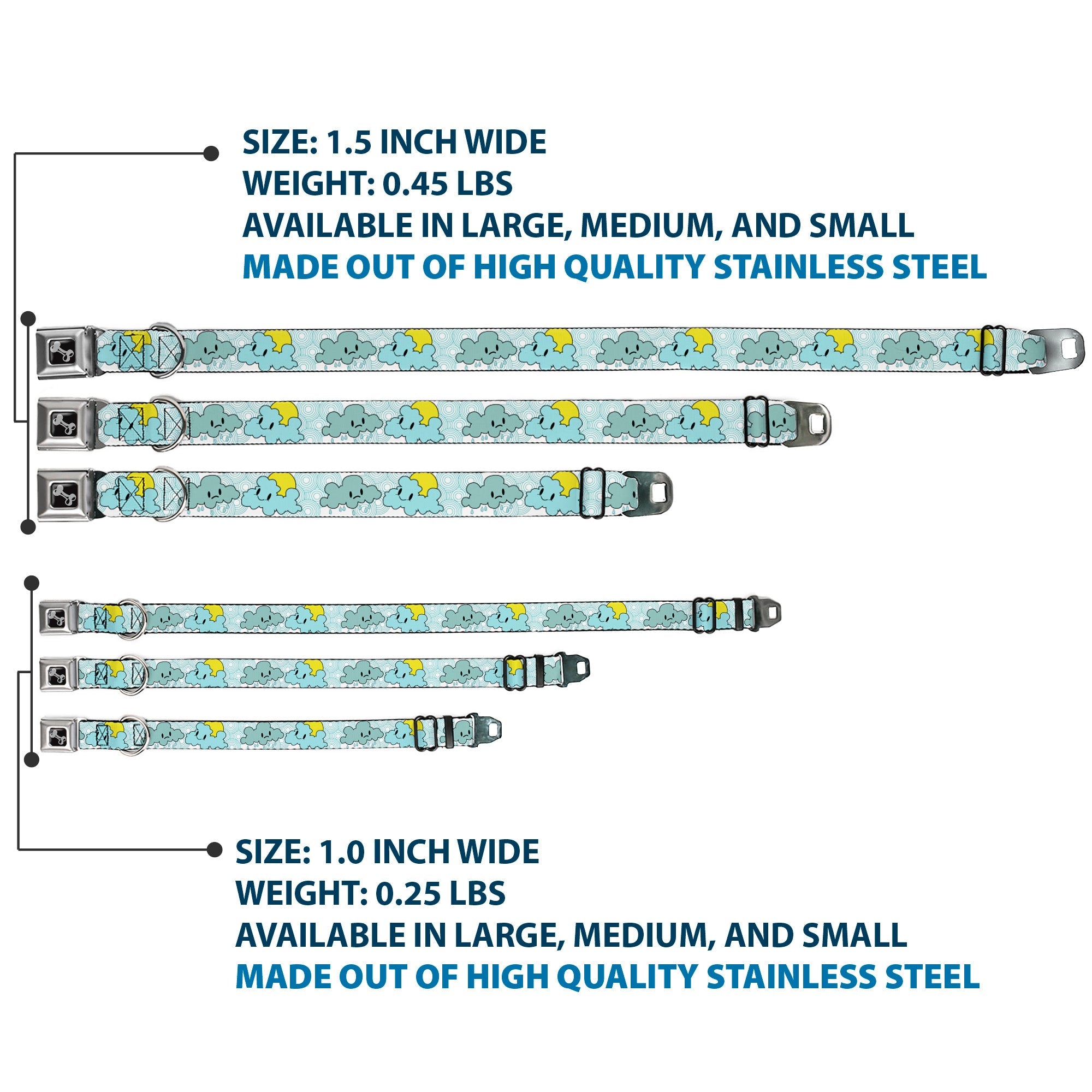 Dog Bone Seatbelt Buckle Collar - Cloudy Skies Rain Clouds White/Blues