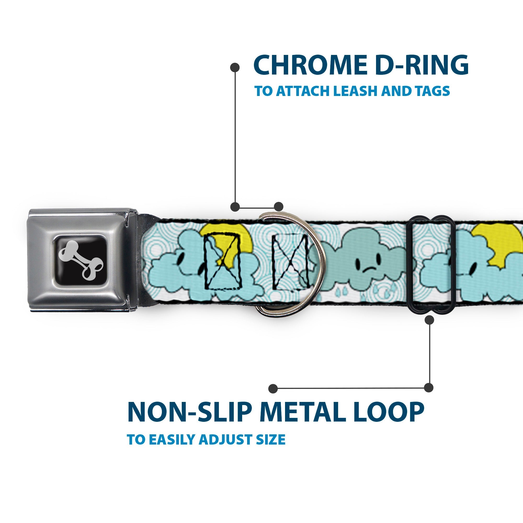 Dog Bone Seatbelt Buckle Collar - Cloudy Skies Rain Clouds White/Blues