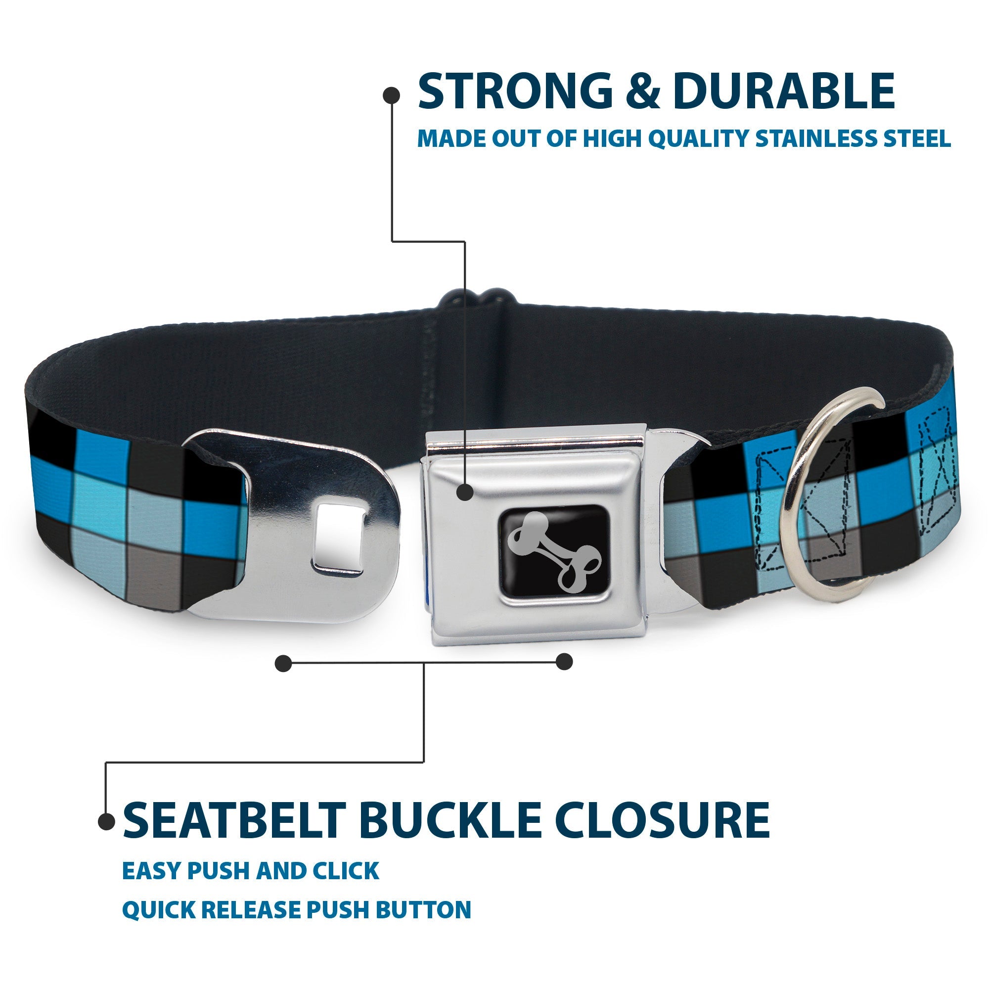 Dog Bone Seatbelt Buckle Collar - Checker Mosaic Blue