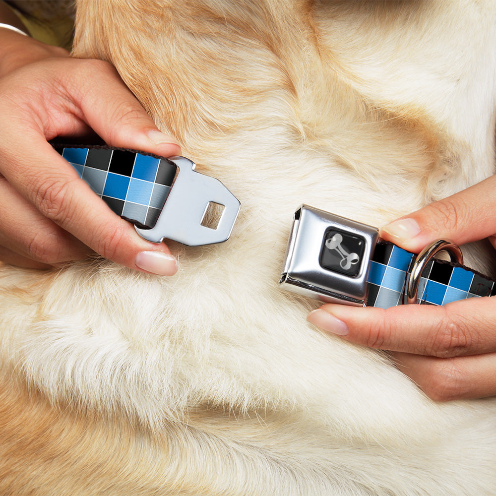 Dog Bone Seatbelt Buckle Collar - Checker Mosaic Blue