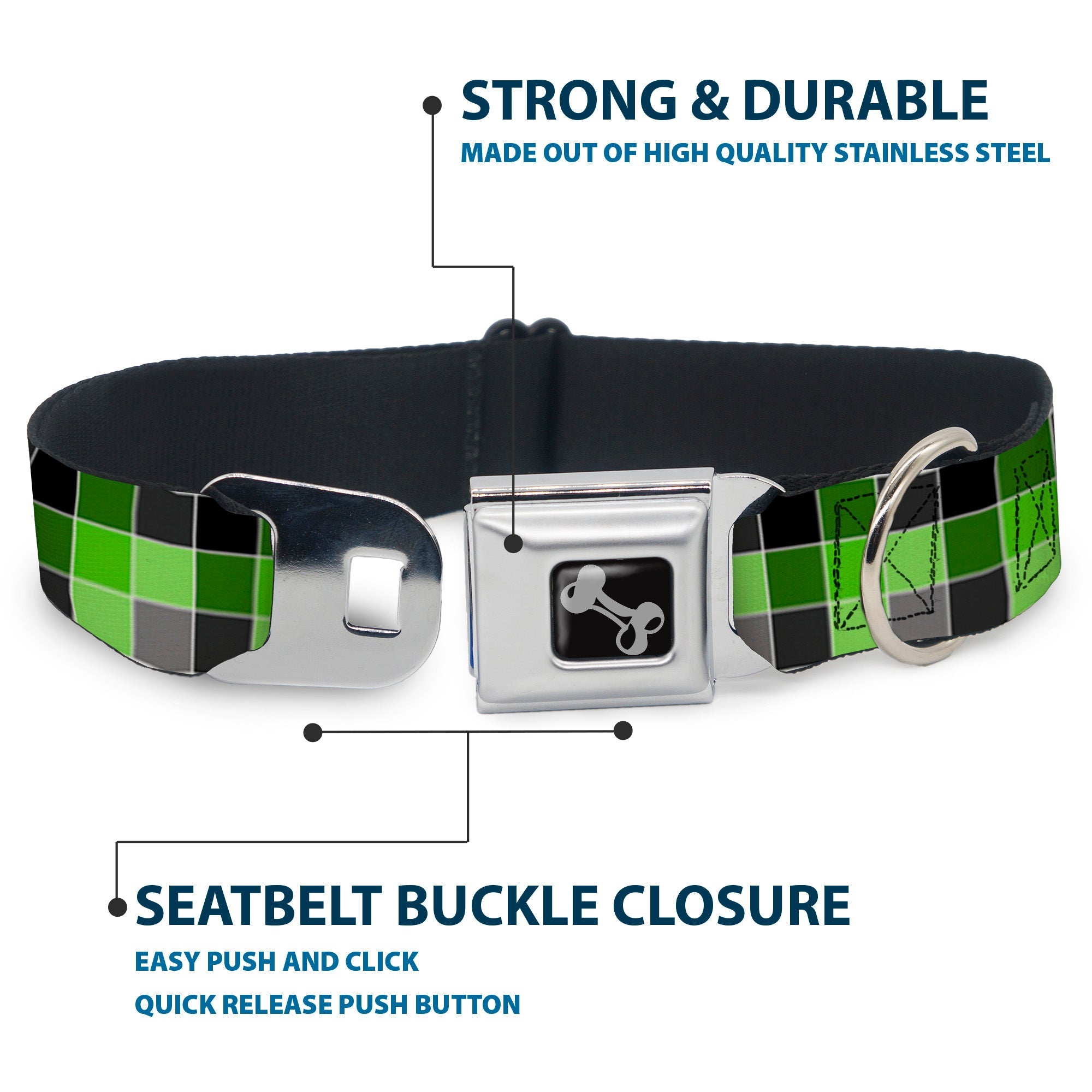 Dog Bone Seatbelt Buckle Collar - Checker Mosaic Green