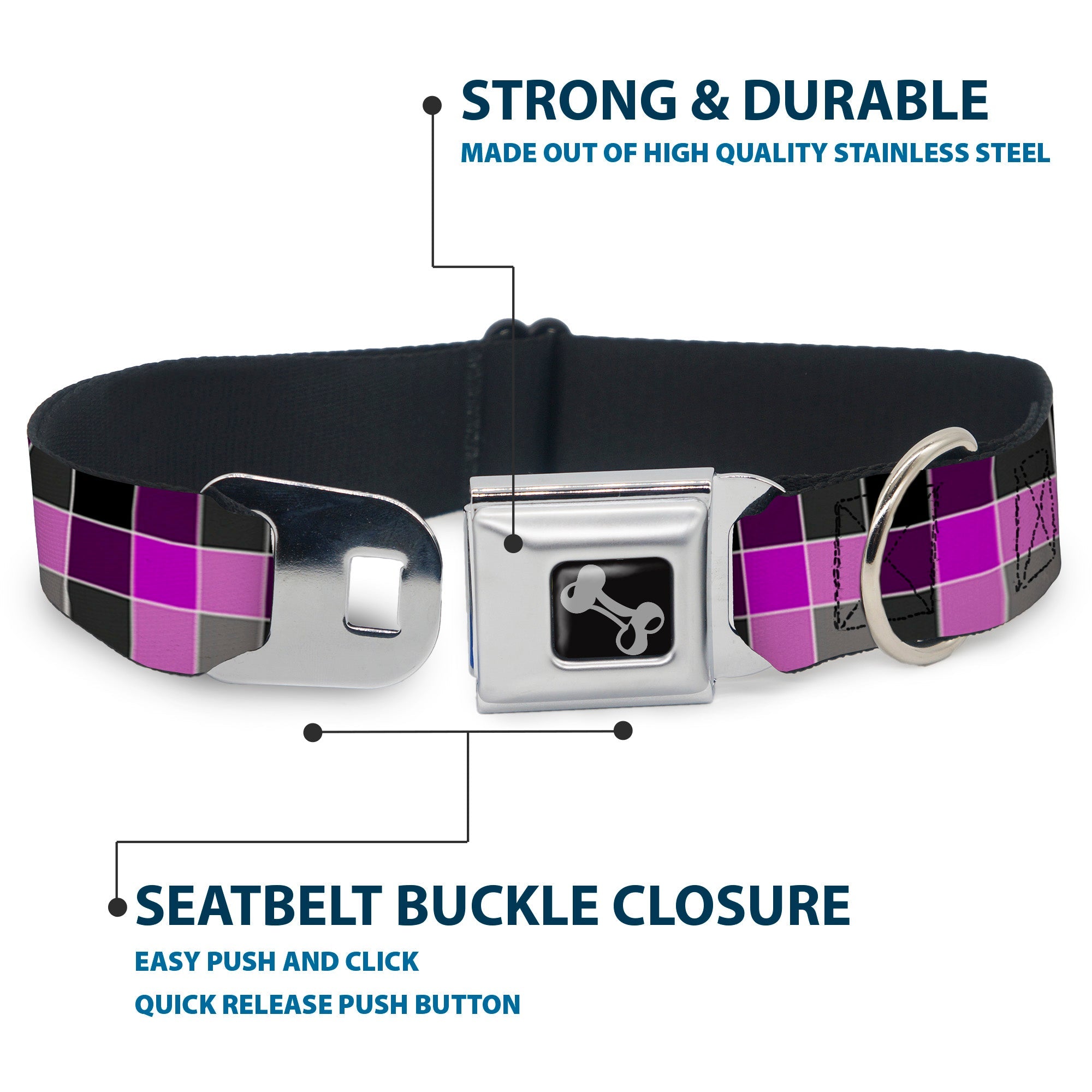 Dog Bone Seatbelt Buckle Collar - Checker Mosaic Purple